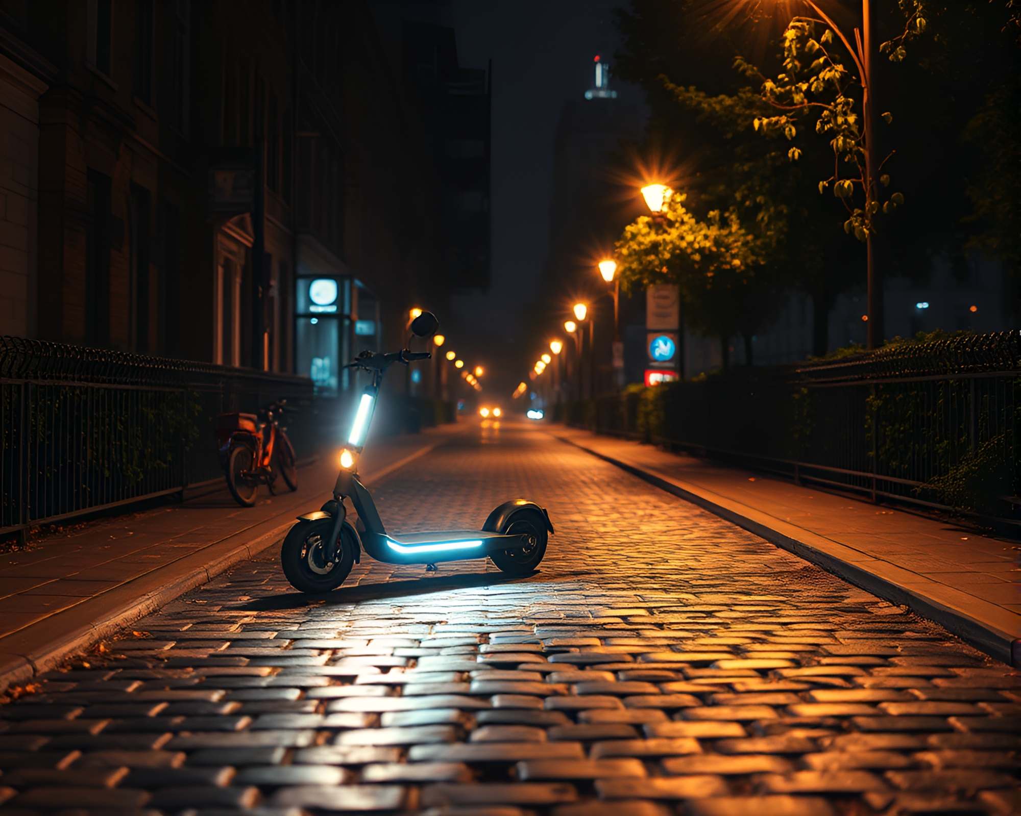 Glitch Art Electric Scooter on Cobblestone Path – free AI stock image