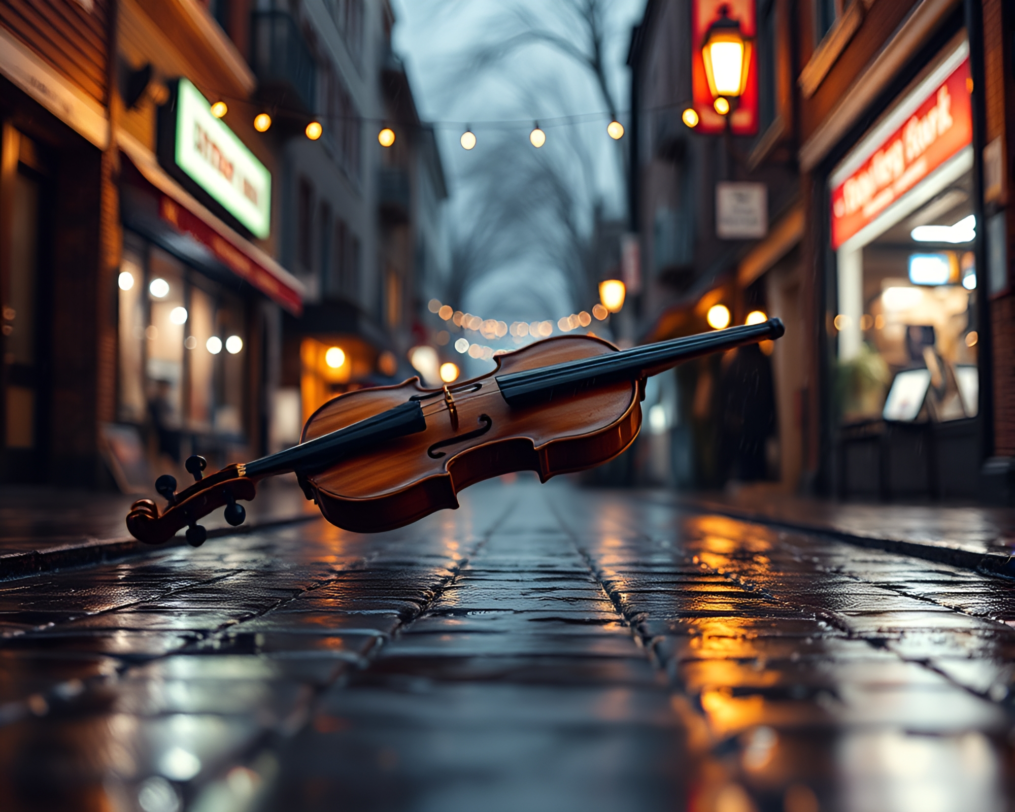 Rain-soaked wooden violin under dim pixelated lights – free AI stock image