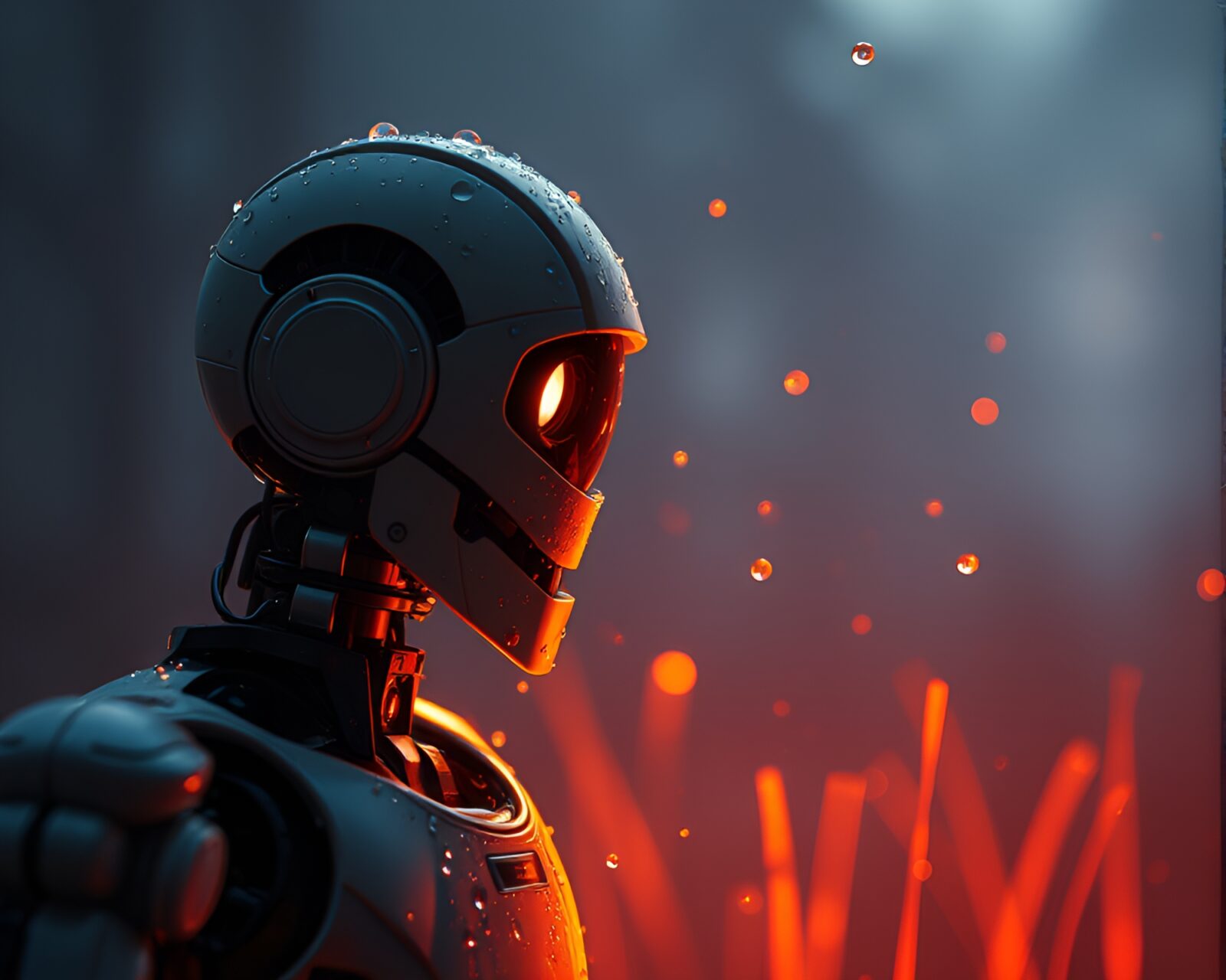 Glowing robot surrounded by dew drops in shadowy light