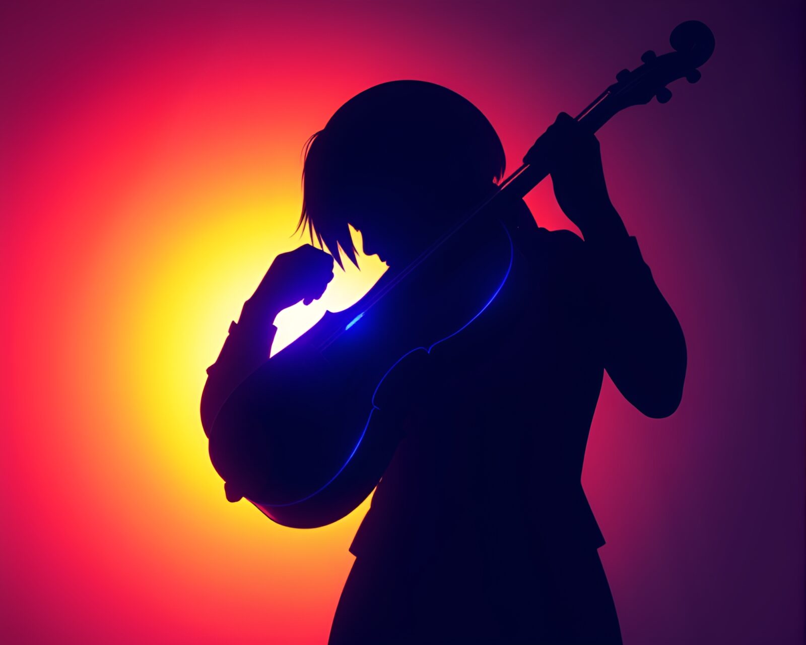 Glowing violin cast in shadow anime style art