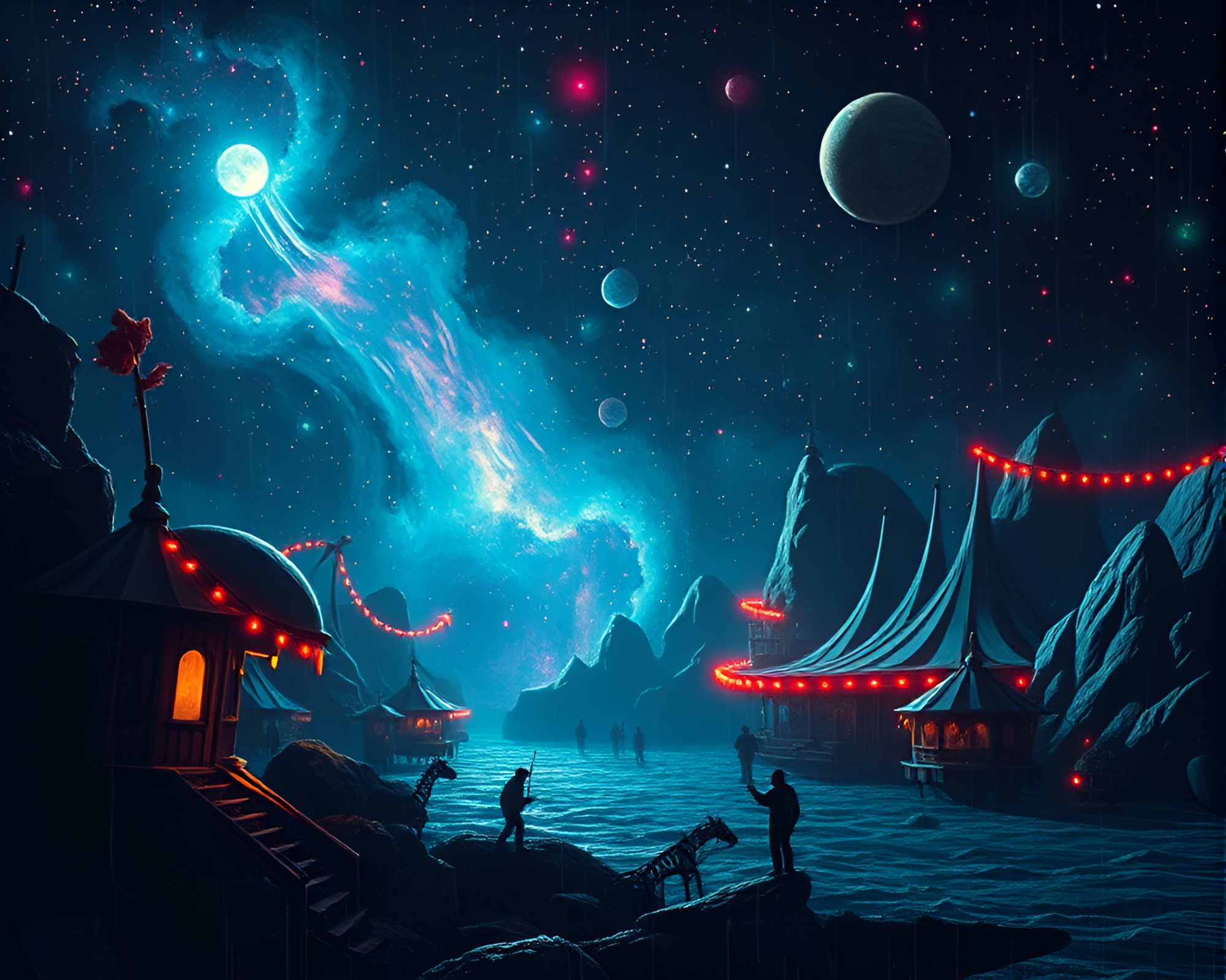 Space Carnival Habitat with Crosshatch Shading – free AI stock image