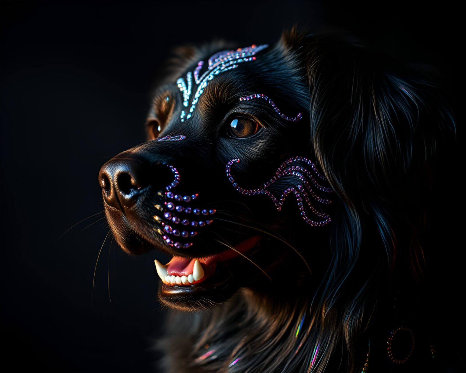 Holographic cat with intricate embroidered patterns illuminated by rim lighting