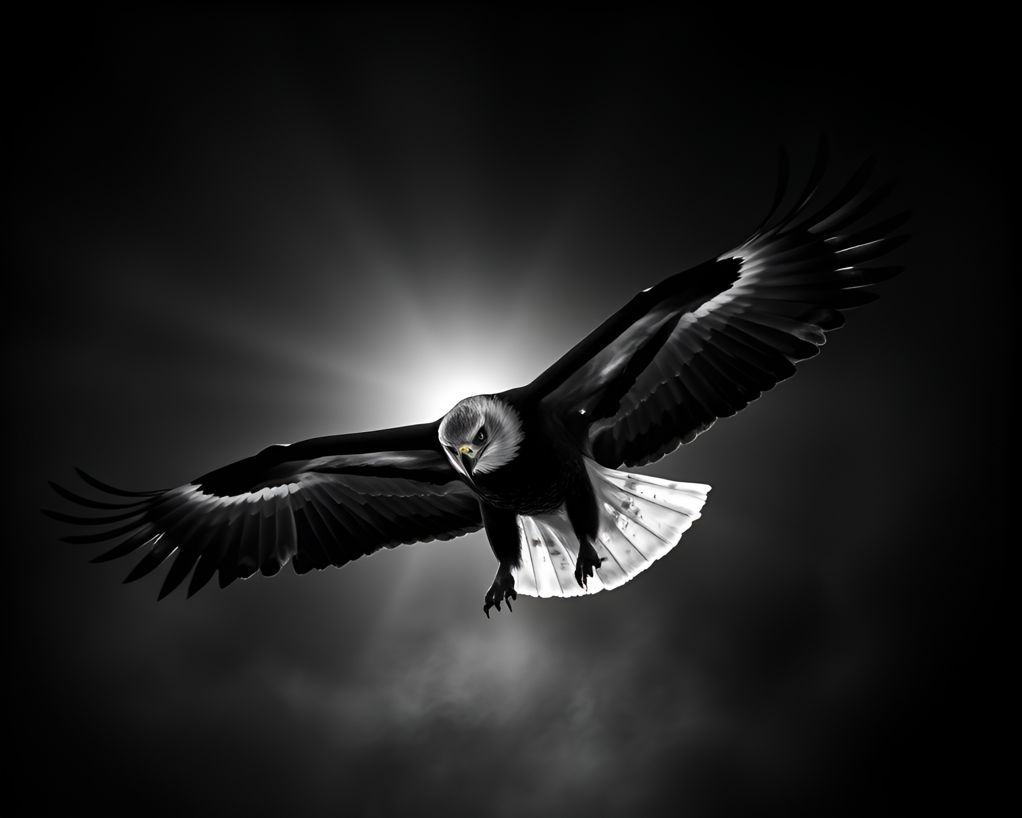 Eagle in Motion: Torchlight Black & White Capture – free AI stock image