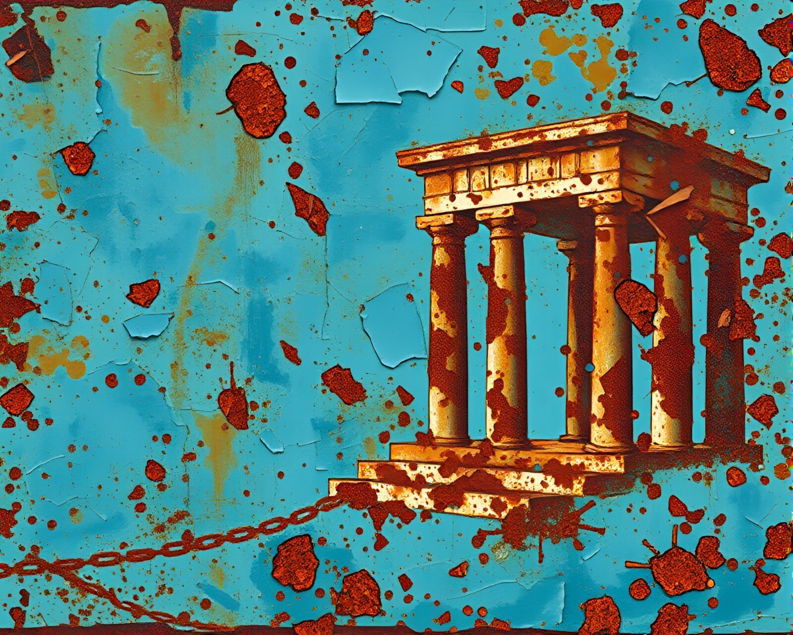 Mixed media art of a rusty temple in blue light