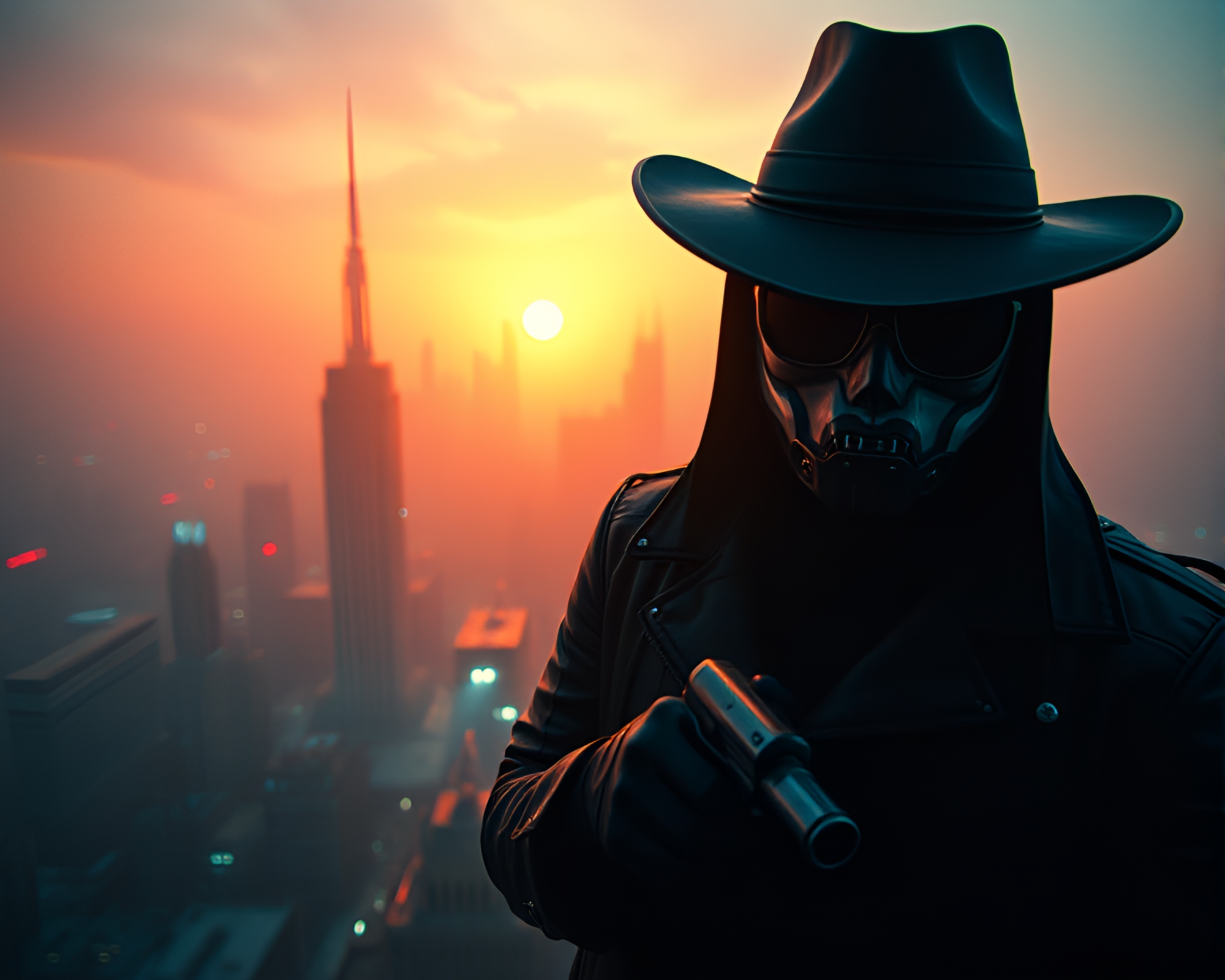 Cyberpunk Vigilante in Digital Twilight Haze – free AI stock image