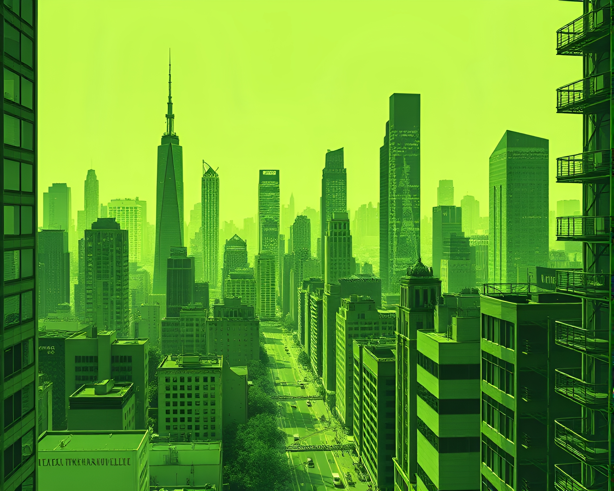Virtual Green Cityscape: Graphic Novel Tight Crop – free AI stock image
