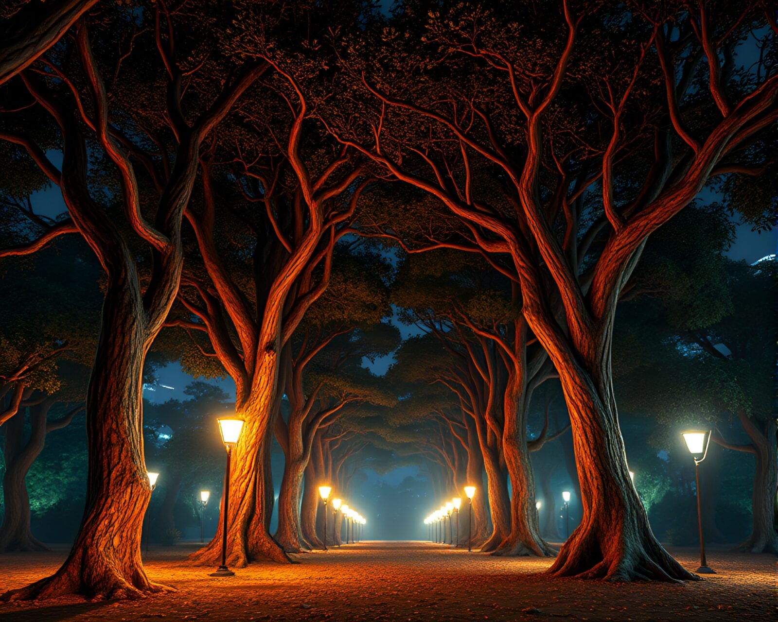 High-poly 3D render of rust flake texture in ancient grove with city lights at night