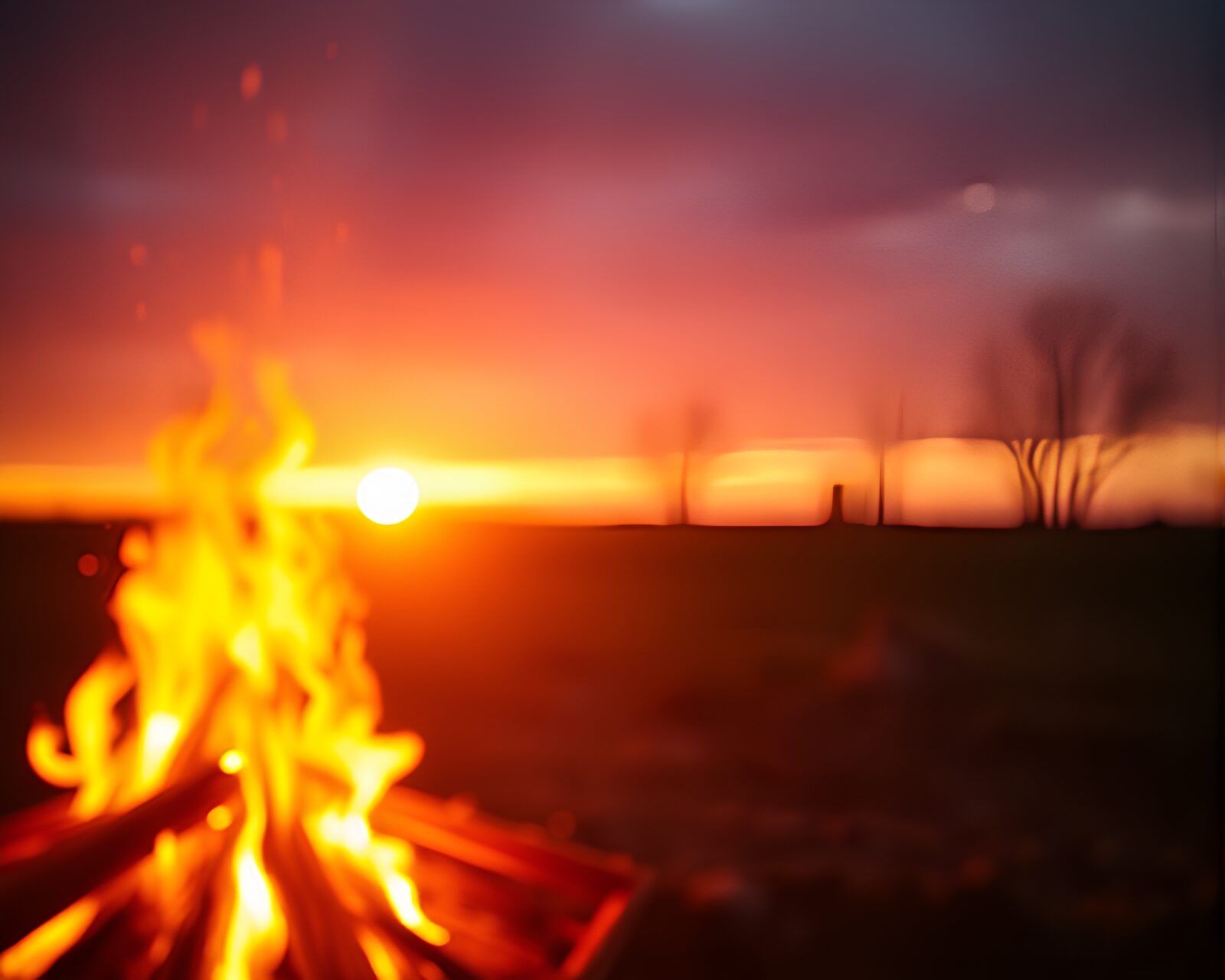 Soft-focus beach scene with neon sunset and glowing bonfire.