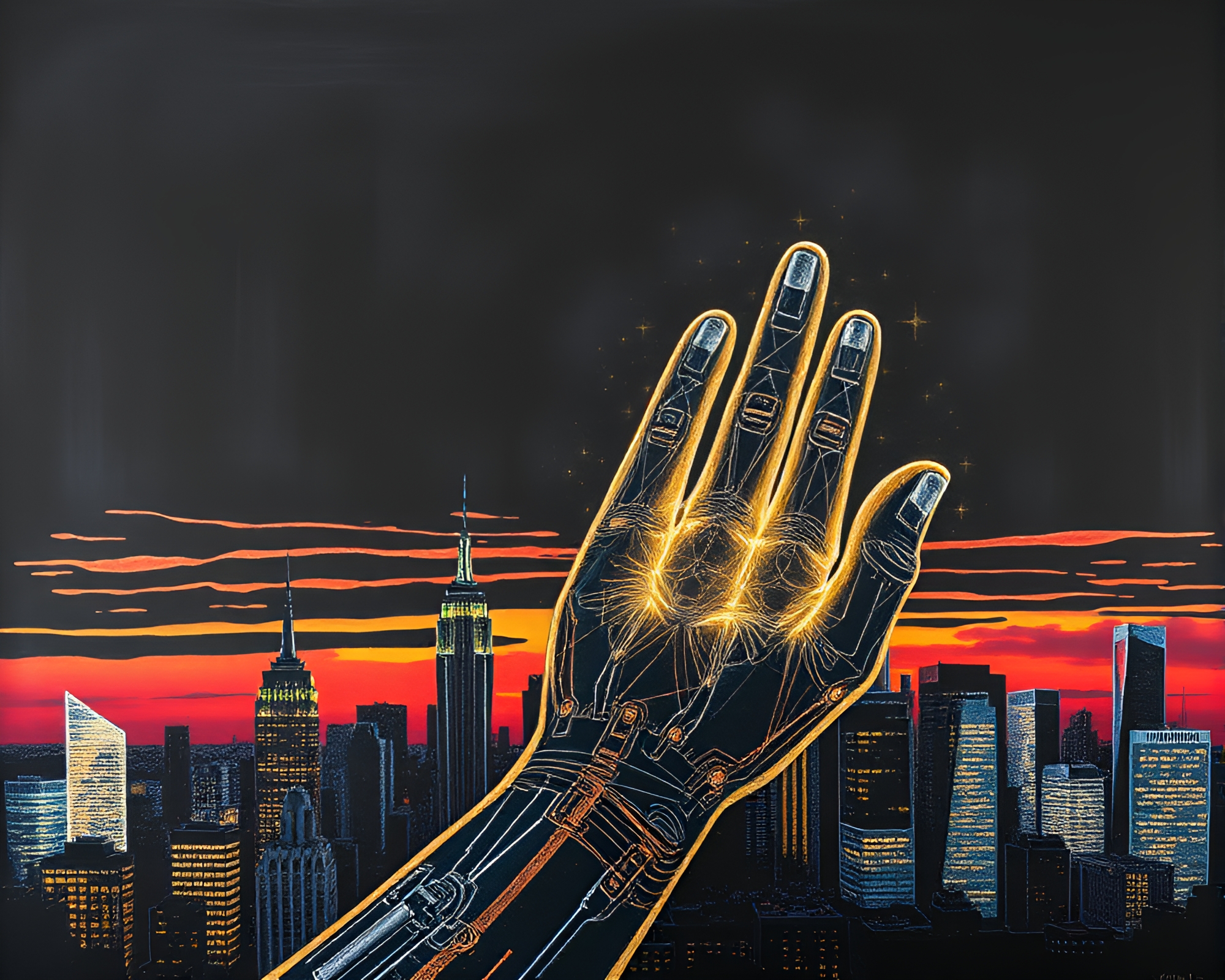 Futuristic Cybernetic Hand Sunset Chalkboard Drawing – free AI stock image