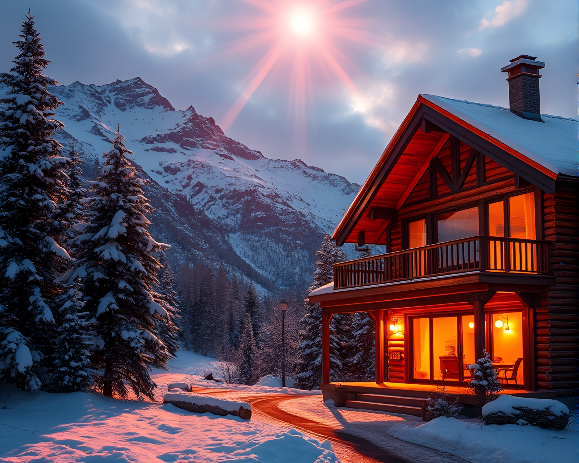 Cybernetic Alpine Chalet Bathed in Copper Sun Glare – free AI stock image