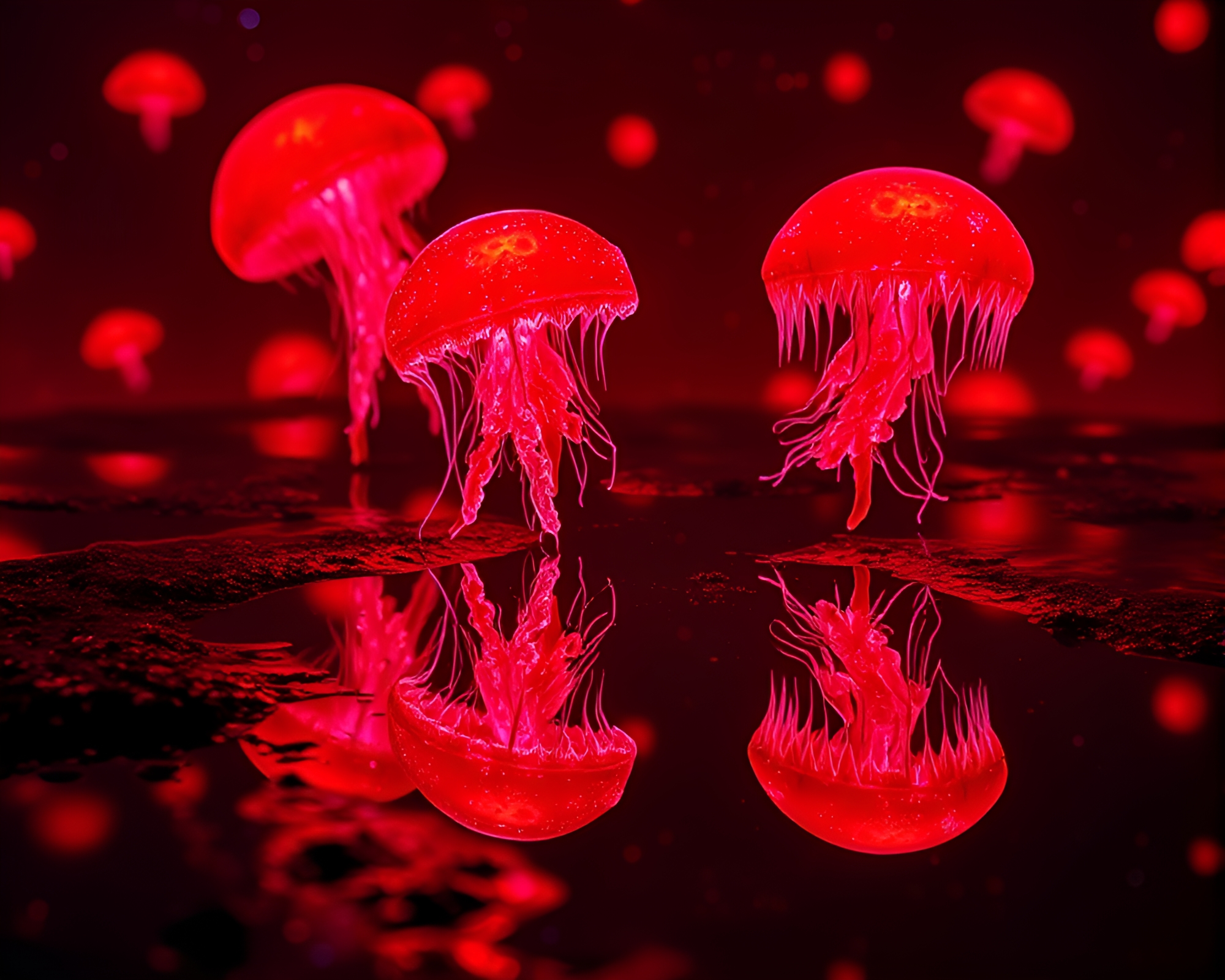 Bioluminescent jellyfish reflected in volcanic-red puddle fractal art – free AI stock image