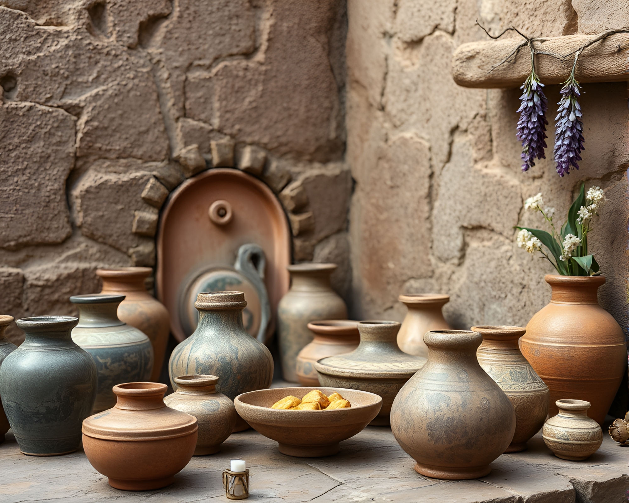 Utopian Amethyst Pottery: Foreground Interest in Rustic Setting – free AI stock image
