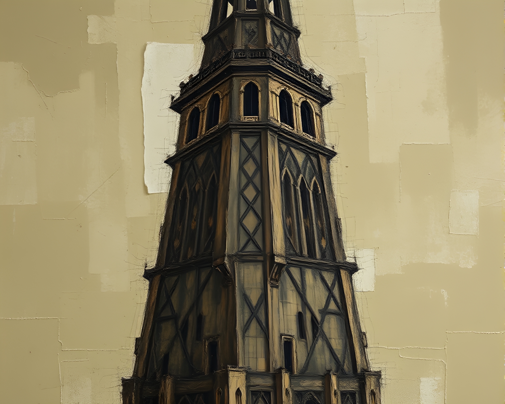 Intricate Tower Serenity: Olive Impressionist Patterns – free AI stock image