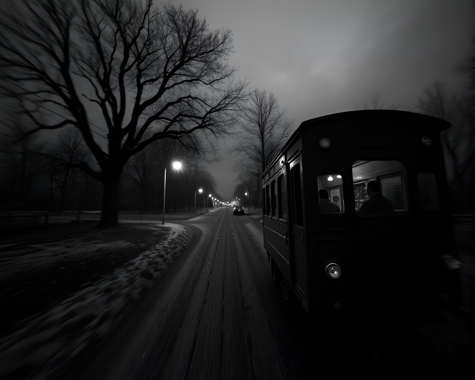 Desaturated scene of a stagecoach viewed from below with hatching style
