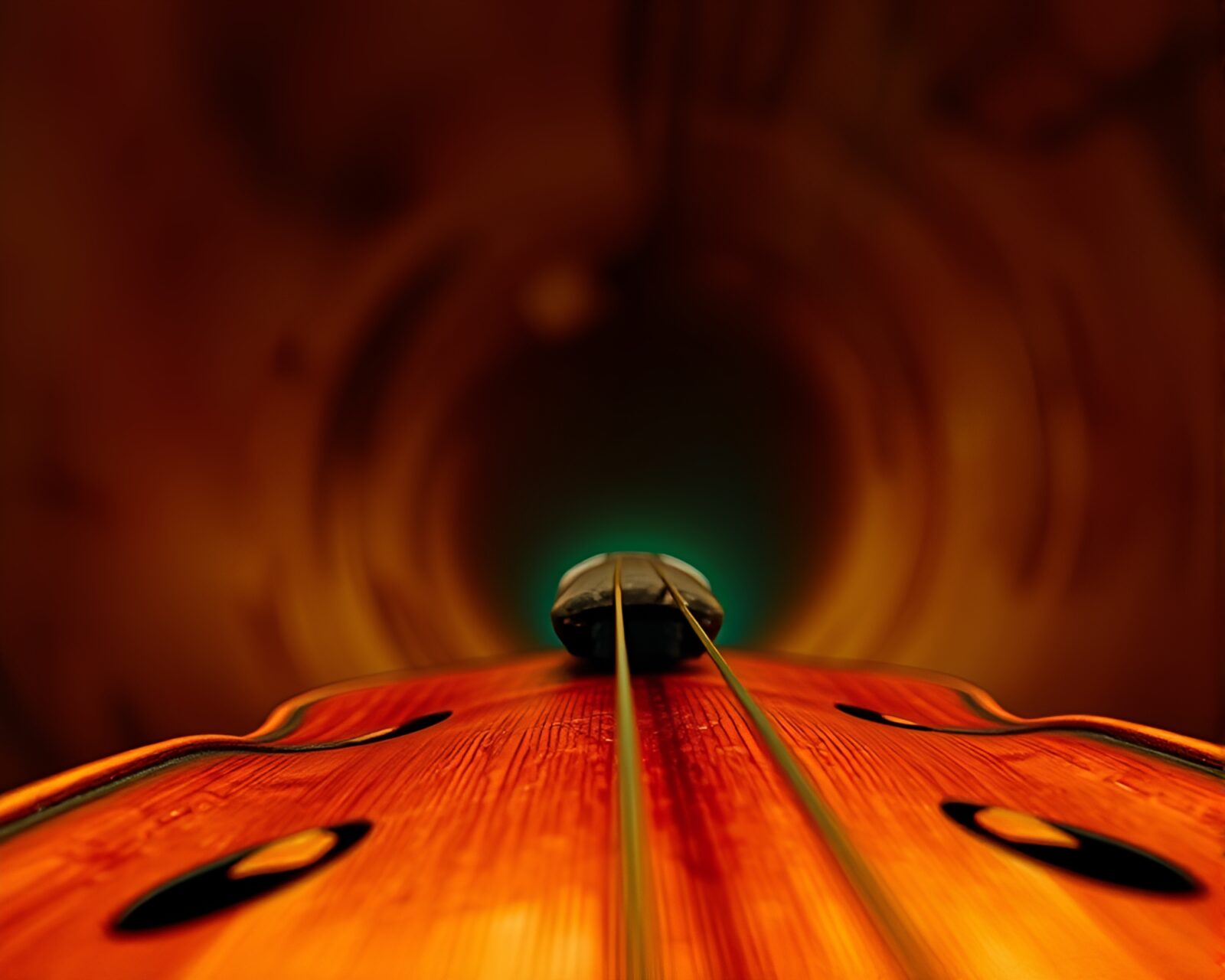 Richly textured violin with earth tone colors seen from below