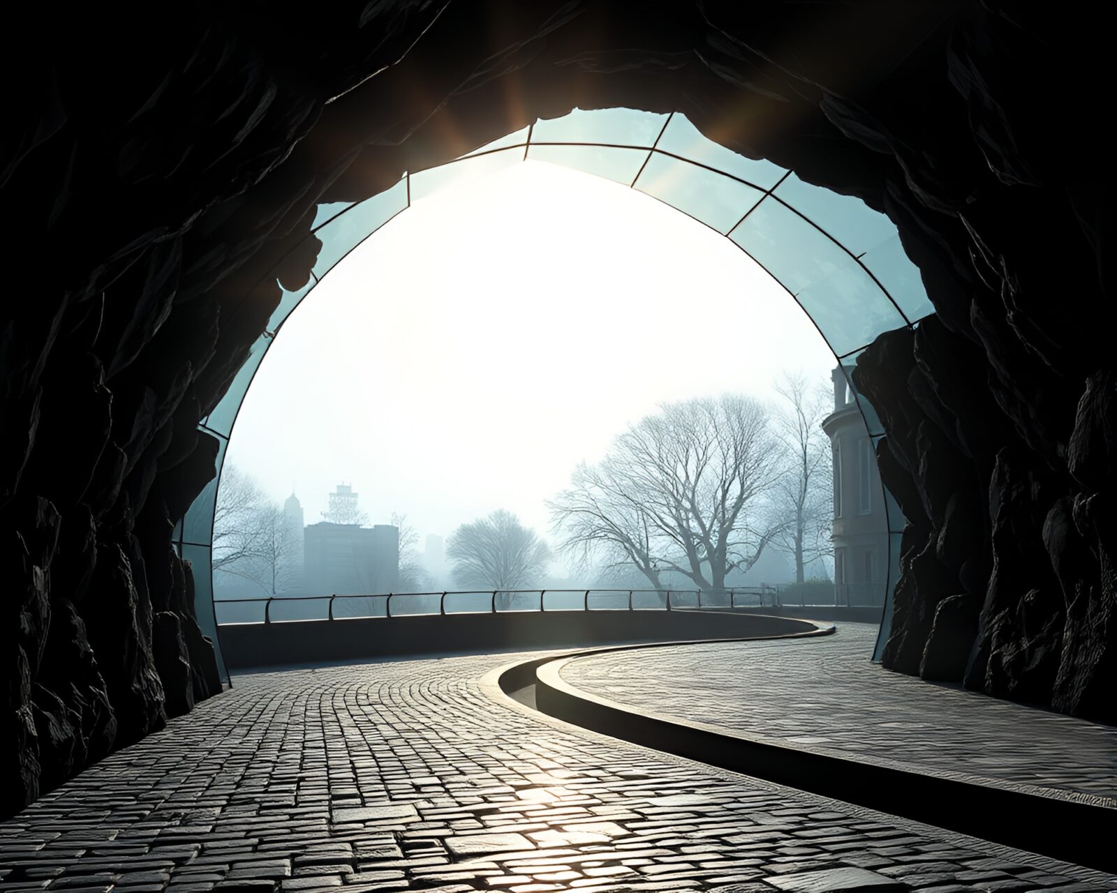 Dutch angle view of figure in glass tunnel