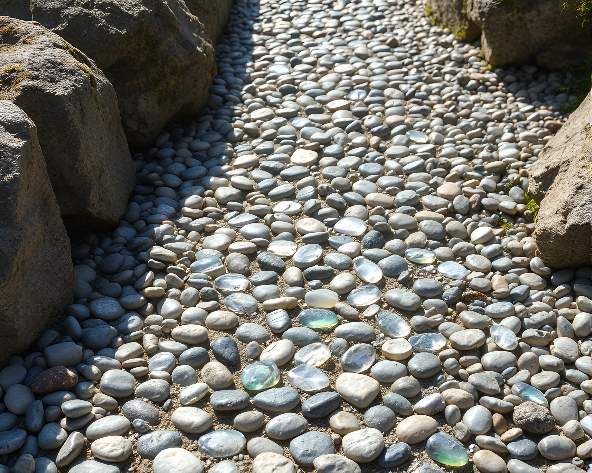 Holographic Pebble Beach Path Tranquility – free AI stock image