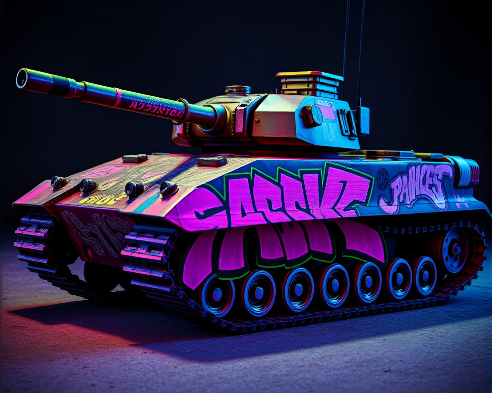 Graffiti-colored armored tank in ultraviolet light with engraved details