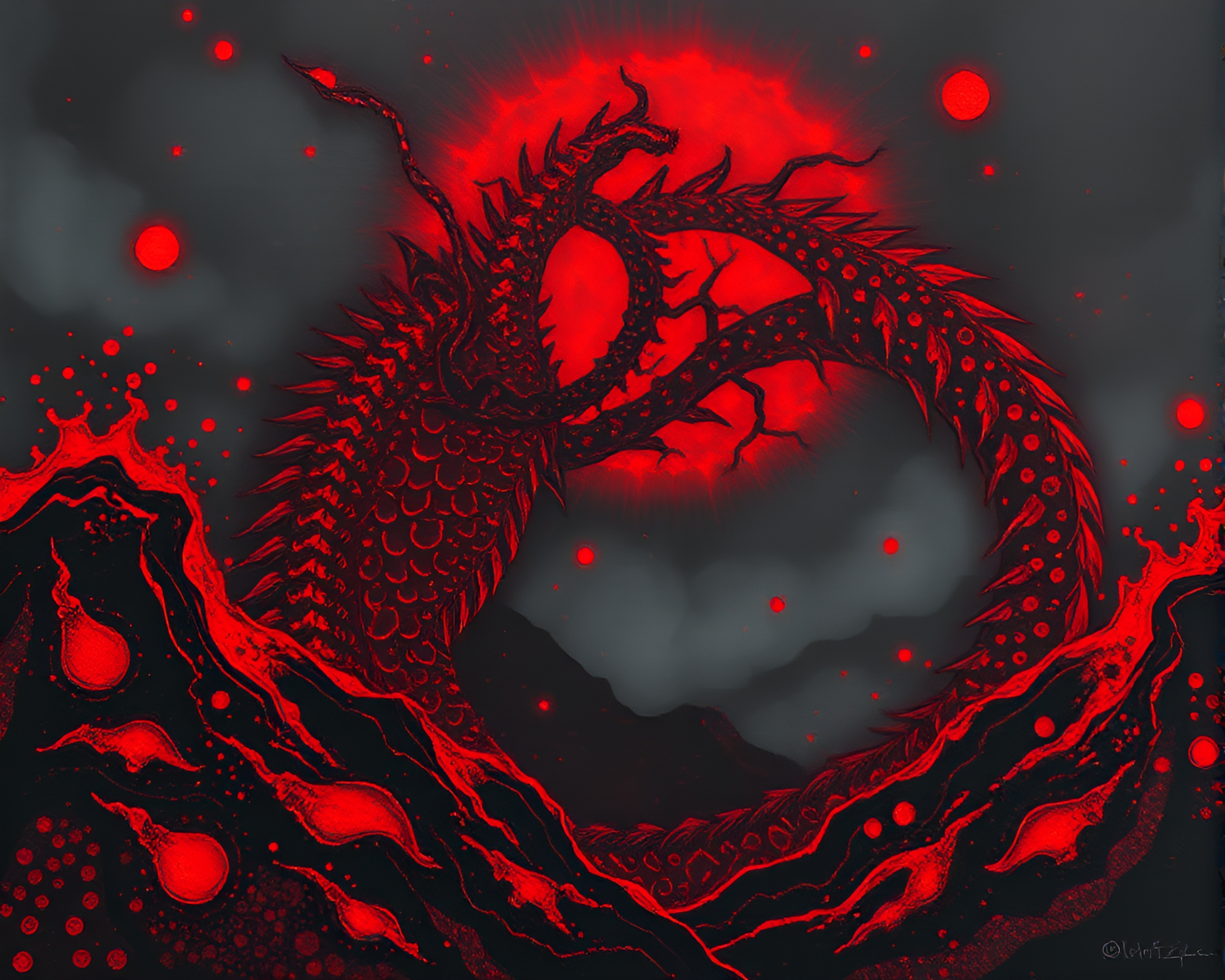 Dragon in Volcano Glow with Dew Drops – free AI stock image