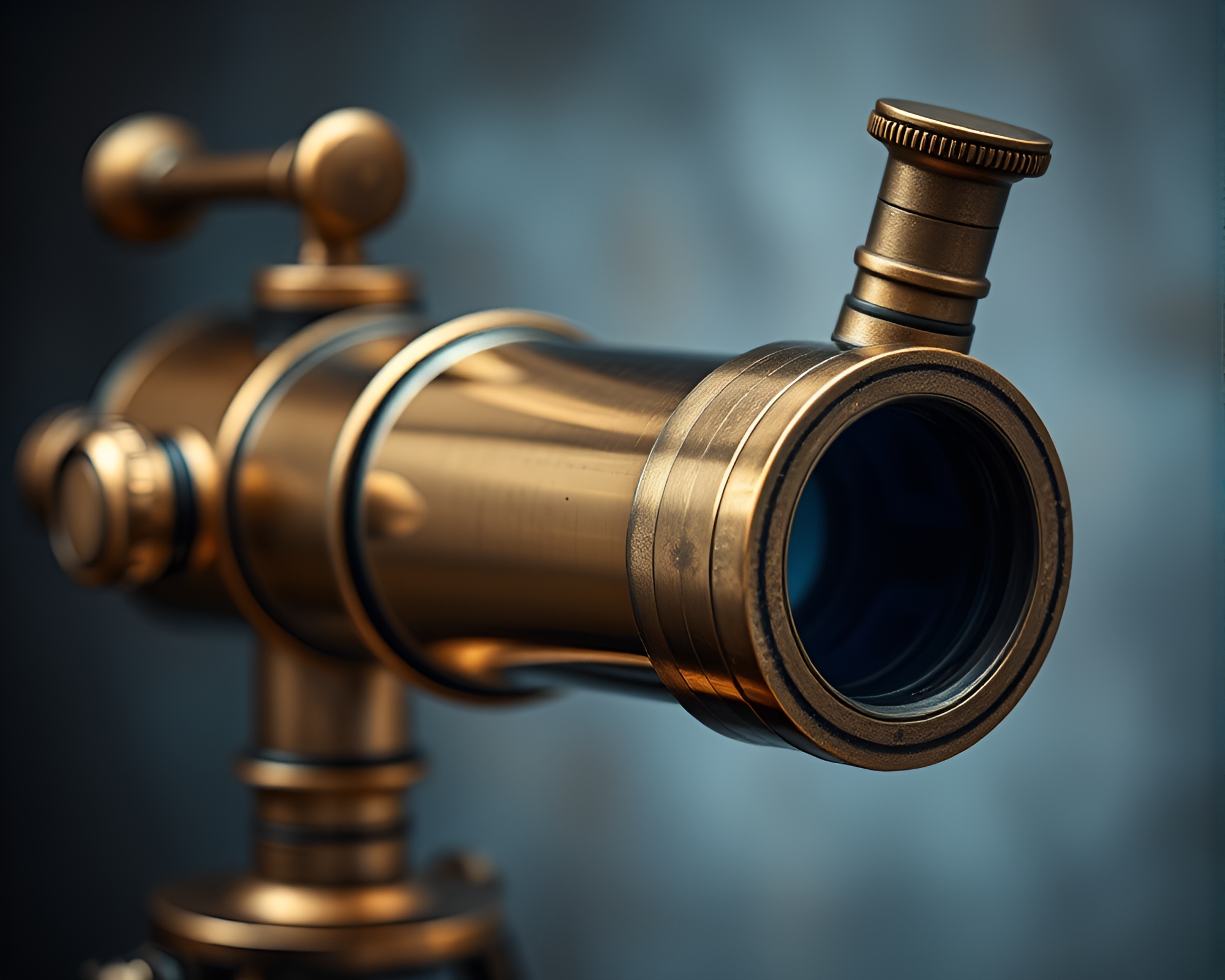 Glistening Bronze Patina Embraces Monochrome Blue Brass Telescope – free AI stock image