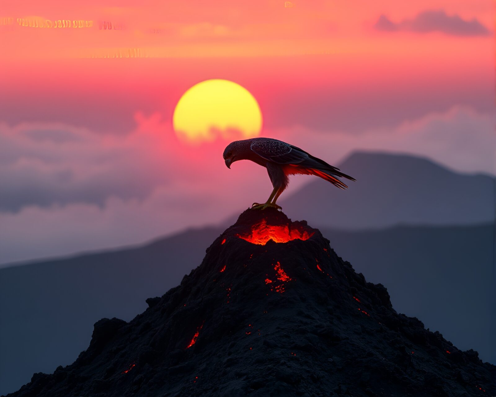 Majestic falcon soaring in fiery, volcanic-lit sky