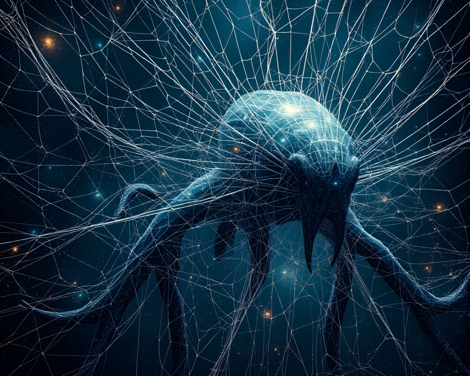 Futuristic depiction of Leviathan tangled in glowing cobwebs