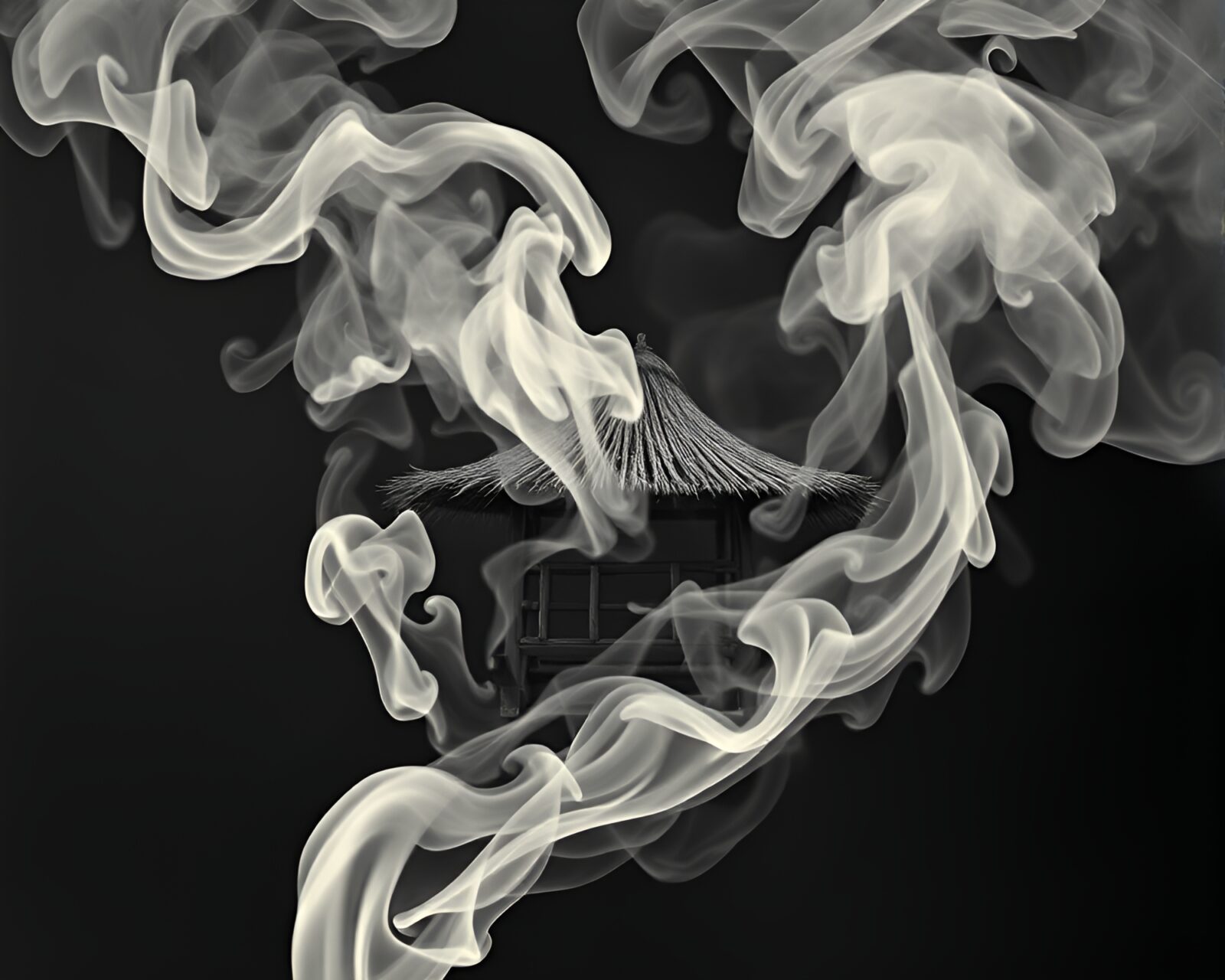 Bamboo hut surrounded by swirling smoky plumes in x-ray artistic style