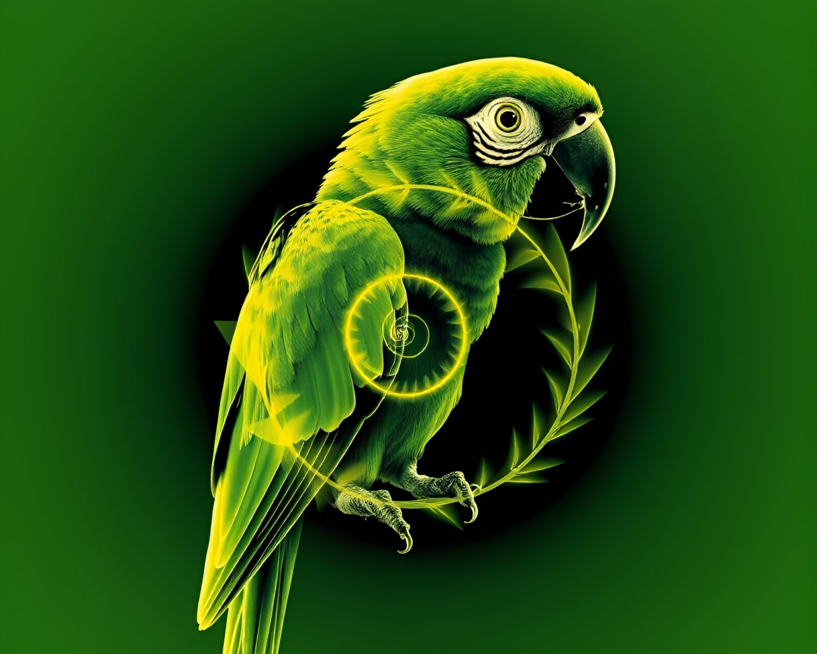 Monochrome green x-ray image of tropical parrot in spiral