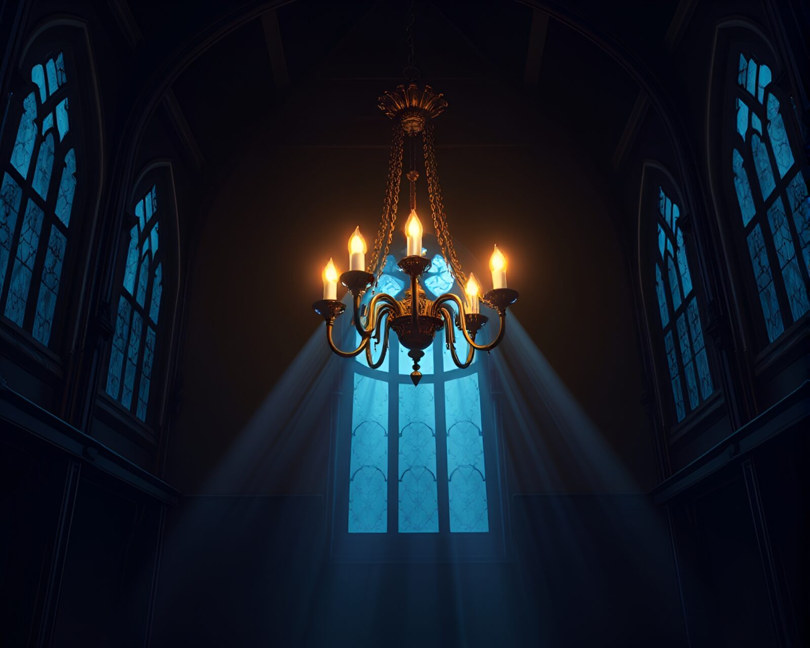 Isometric illustration of torch-lit room with intricate chandelier