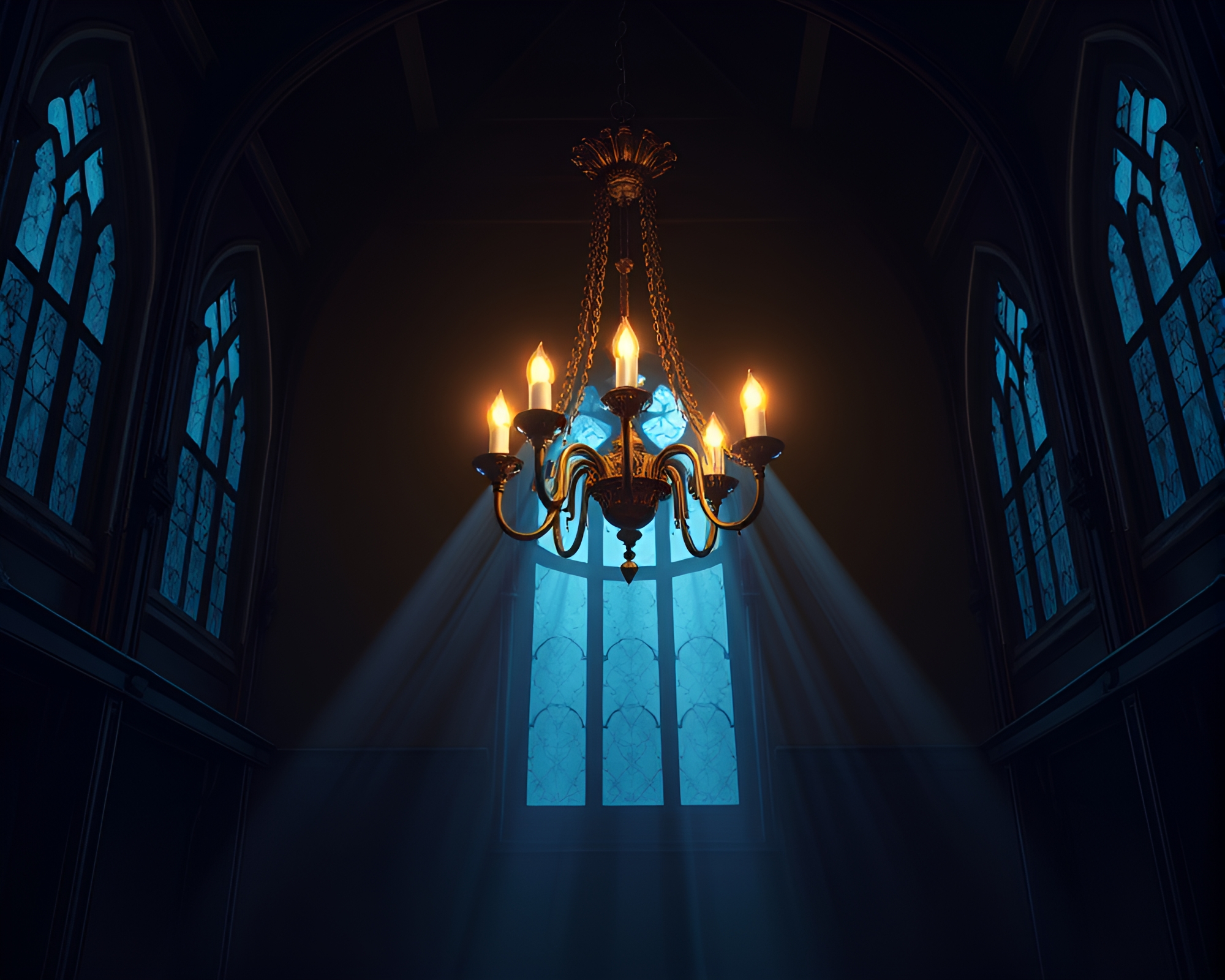 Gothic Chandelier Casting Eerie Shadow Play – free AI stock image