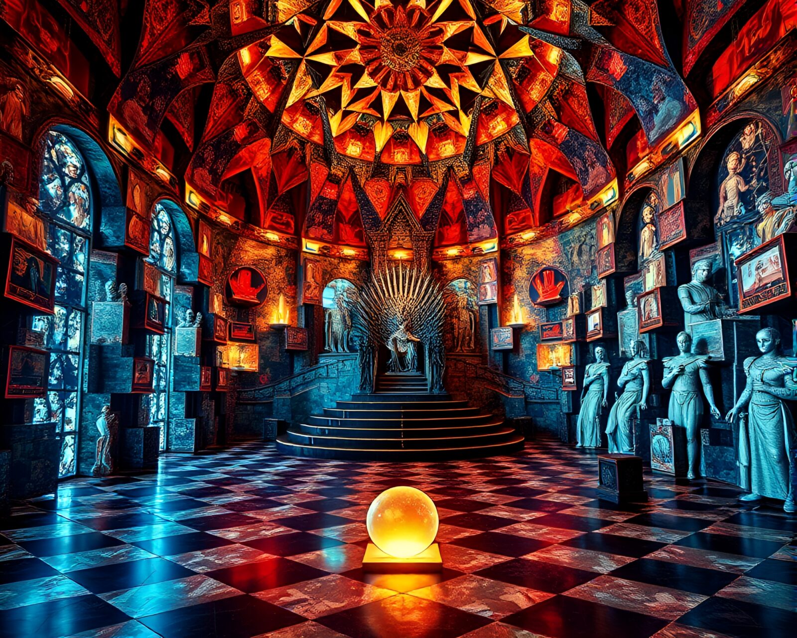Wide shot of M.C. Escher-inspired throne room in vibrant colors