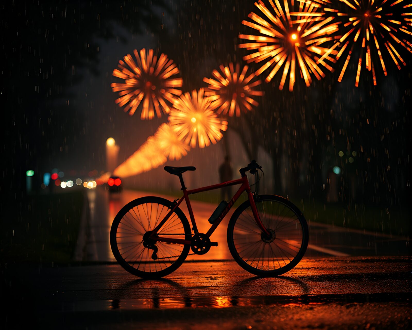 Colorful fireworks illuminating a bicycle in the rain