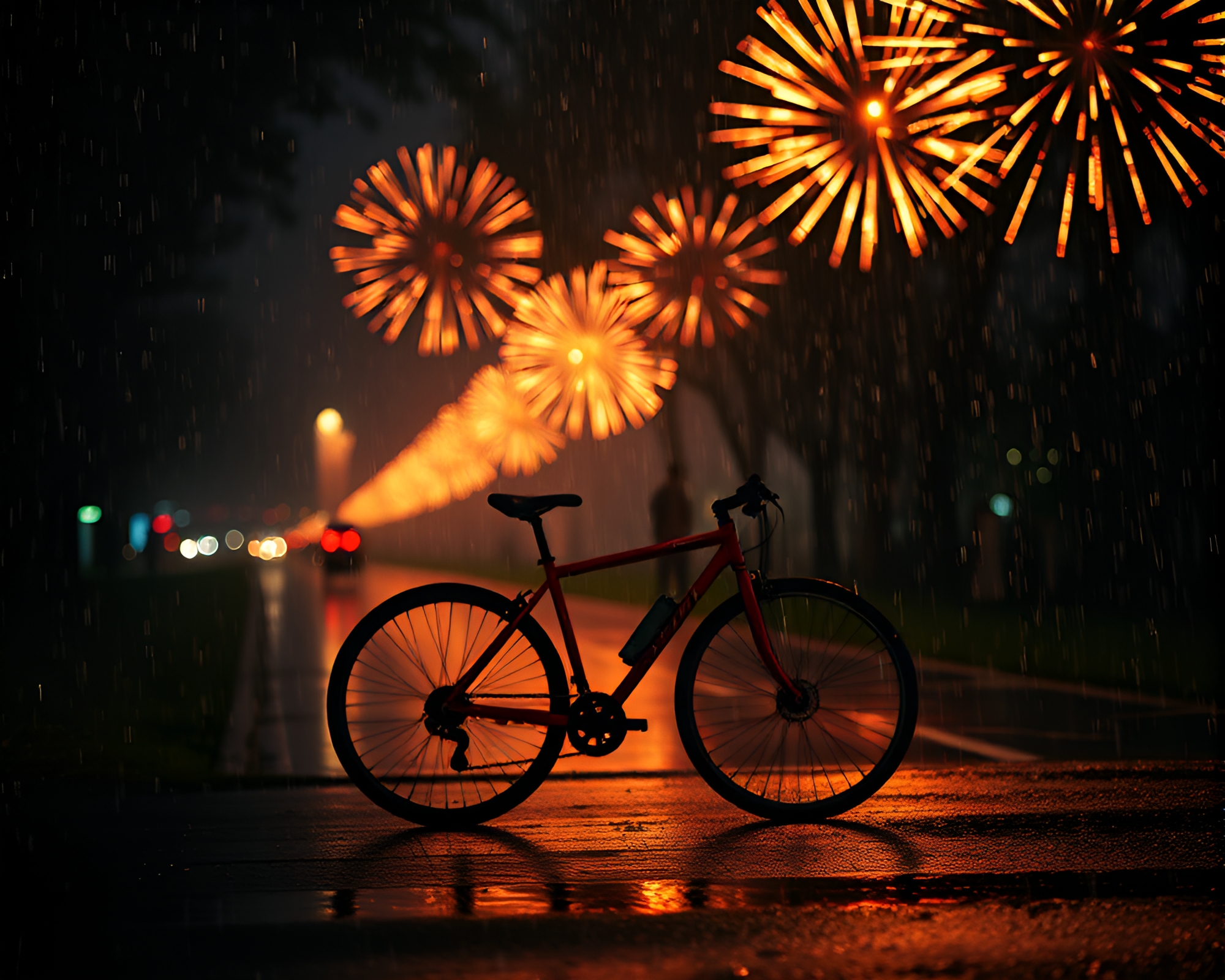 Rainy Bicycle Ride Through Festival Fireworks – free AI stock image