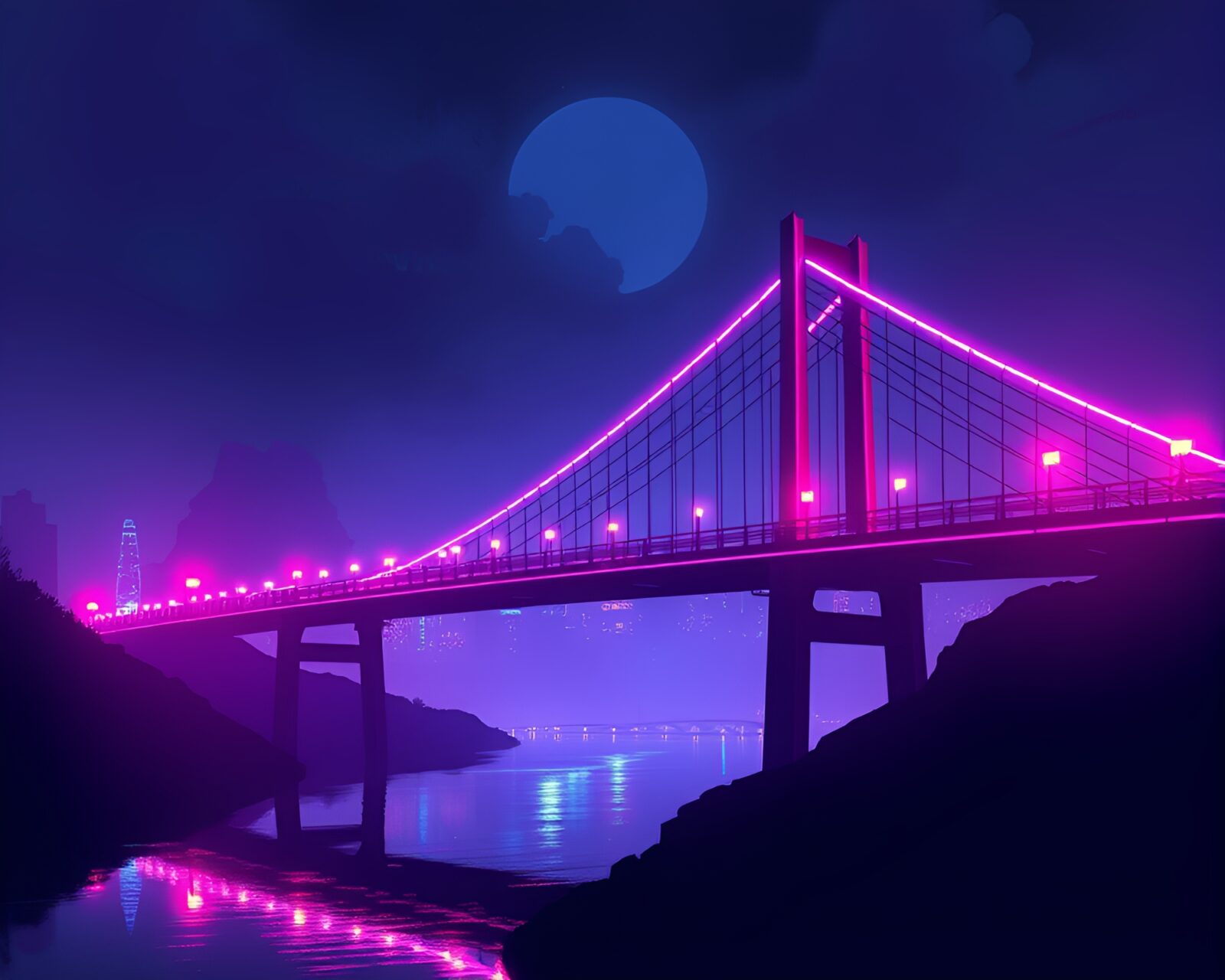 Silhouette of a person on a neon-lit suspension bridge reflecting in water
