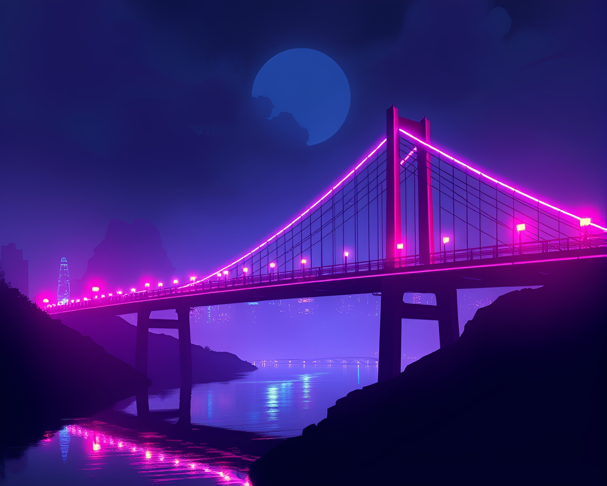Neon Silhouette: Cyberpunk Suspension Bridge Reflection – free AI stock image