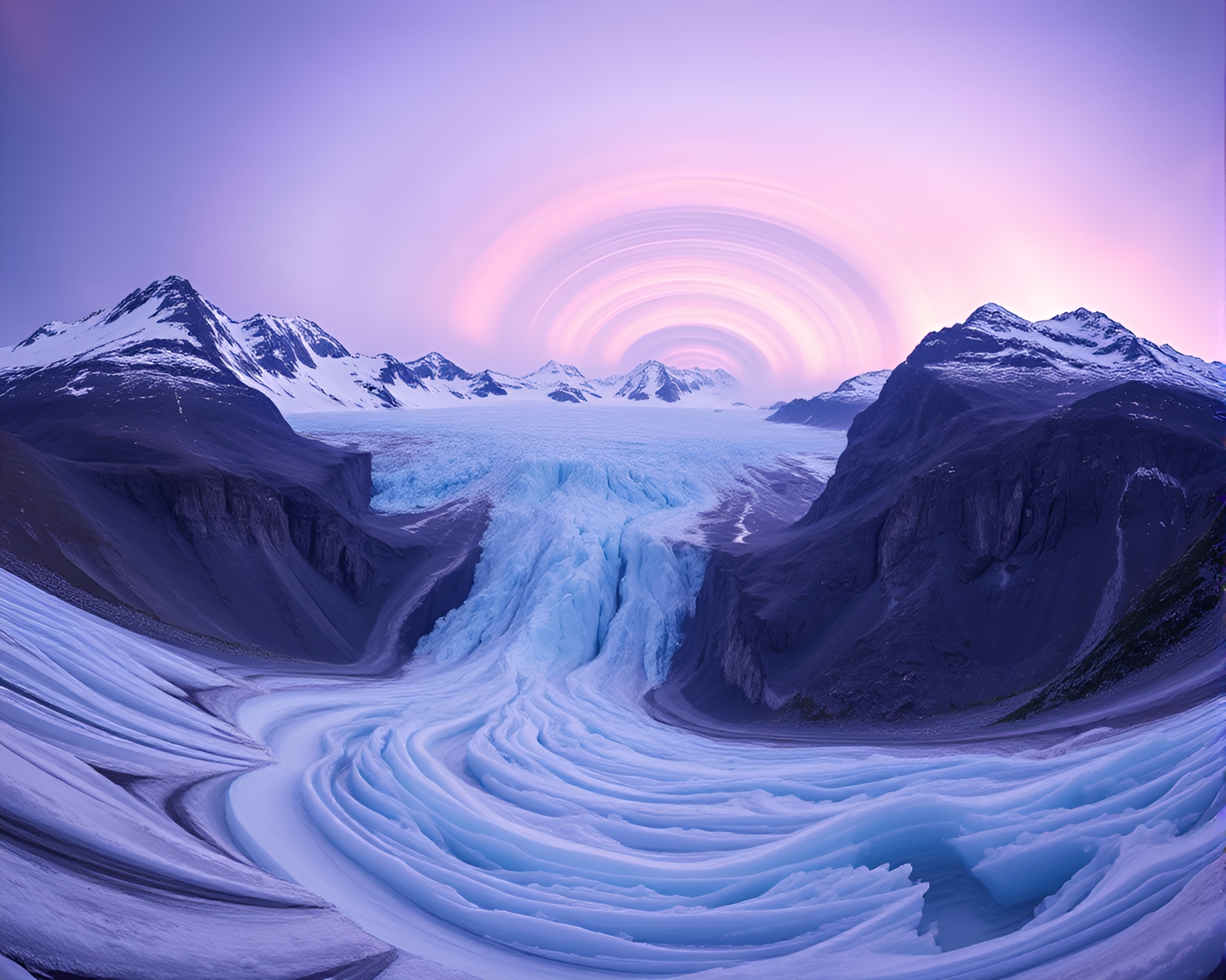 Twilight Glacier Vortex Surrounds Stunning Stereograph Landscape – free AI stock image
