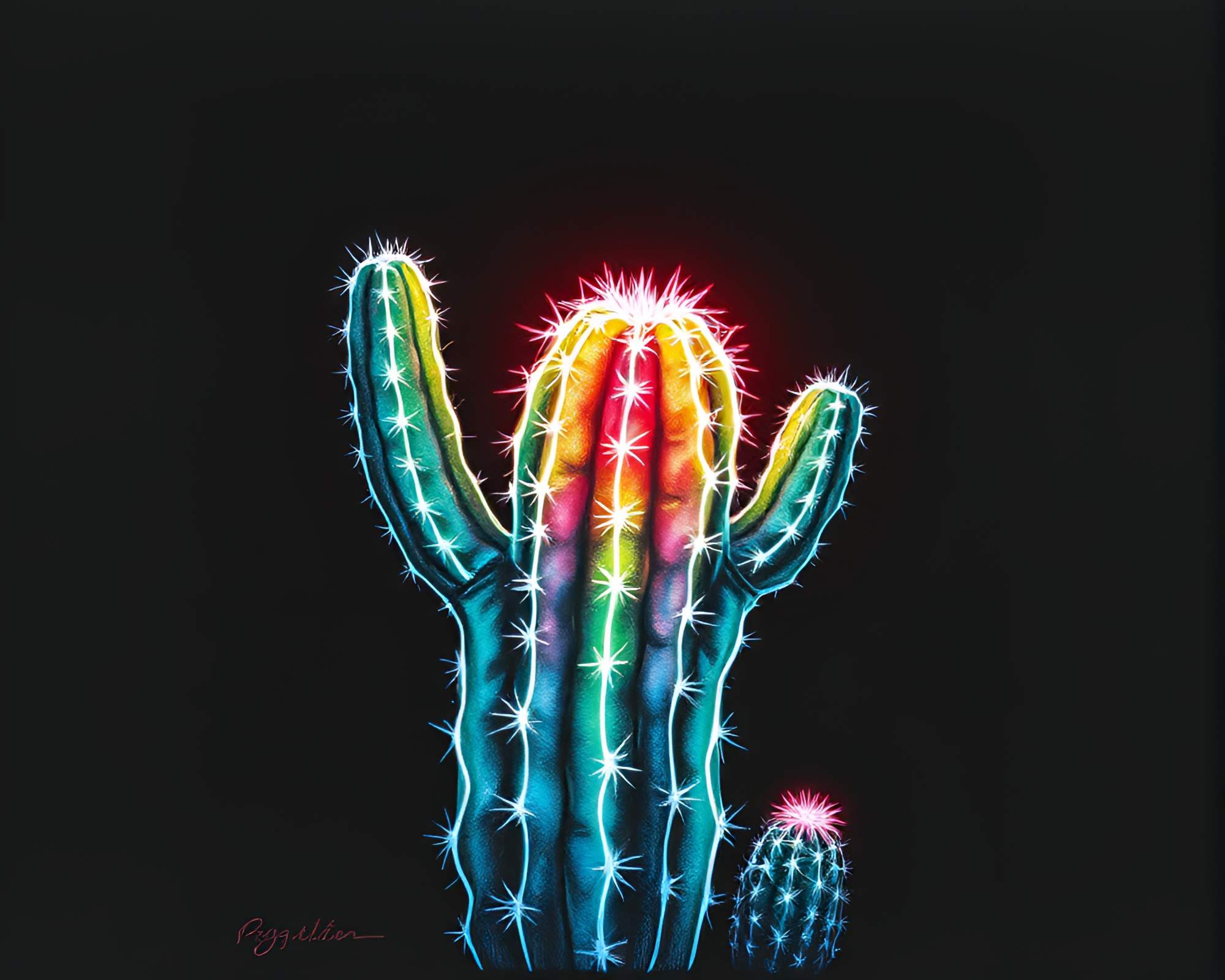 Neon Cactus Oasis in Watercolor Crosshatching – free AI stock image