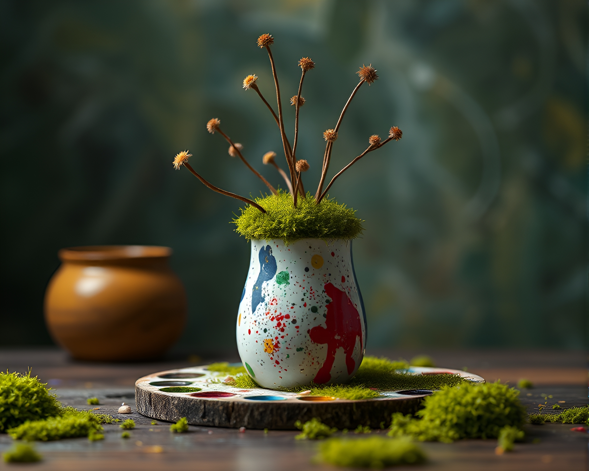 Vibrant Moss Growth Vase with Paint Splash Accents – free AI stock image