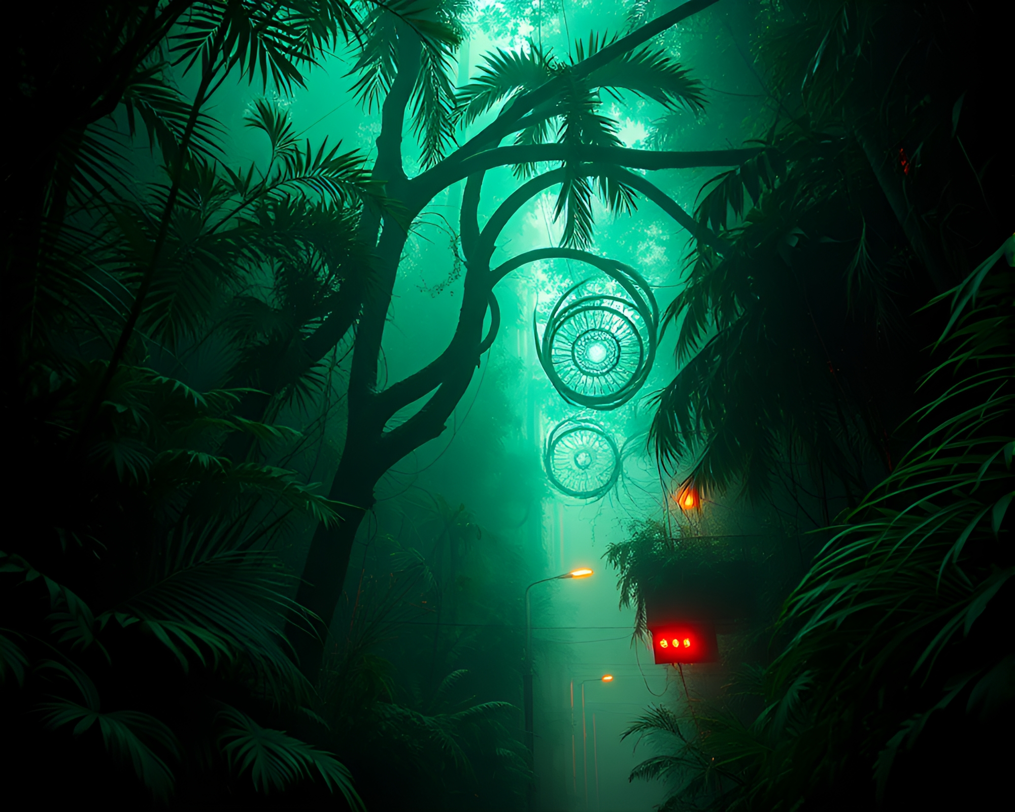 Cyberpunk Alley Fibonacci Spiral through Rainforest Green Haze – free AI stock image