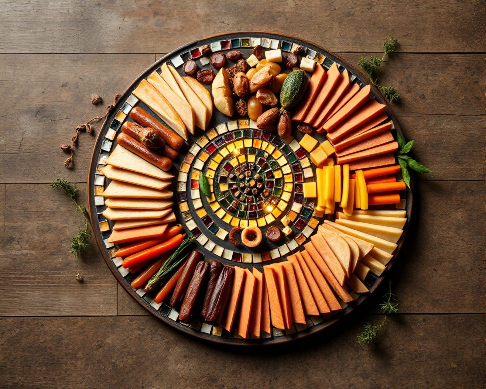 Artistic arrangement of meats and cheeses under intricate bio-organic lighting