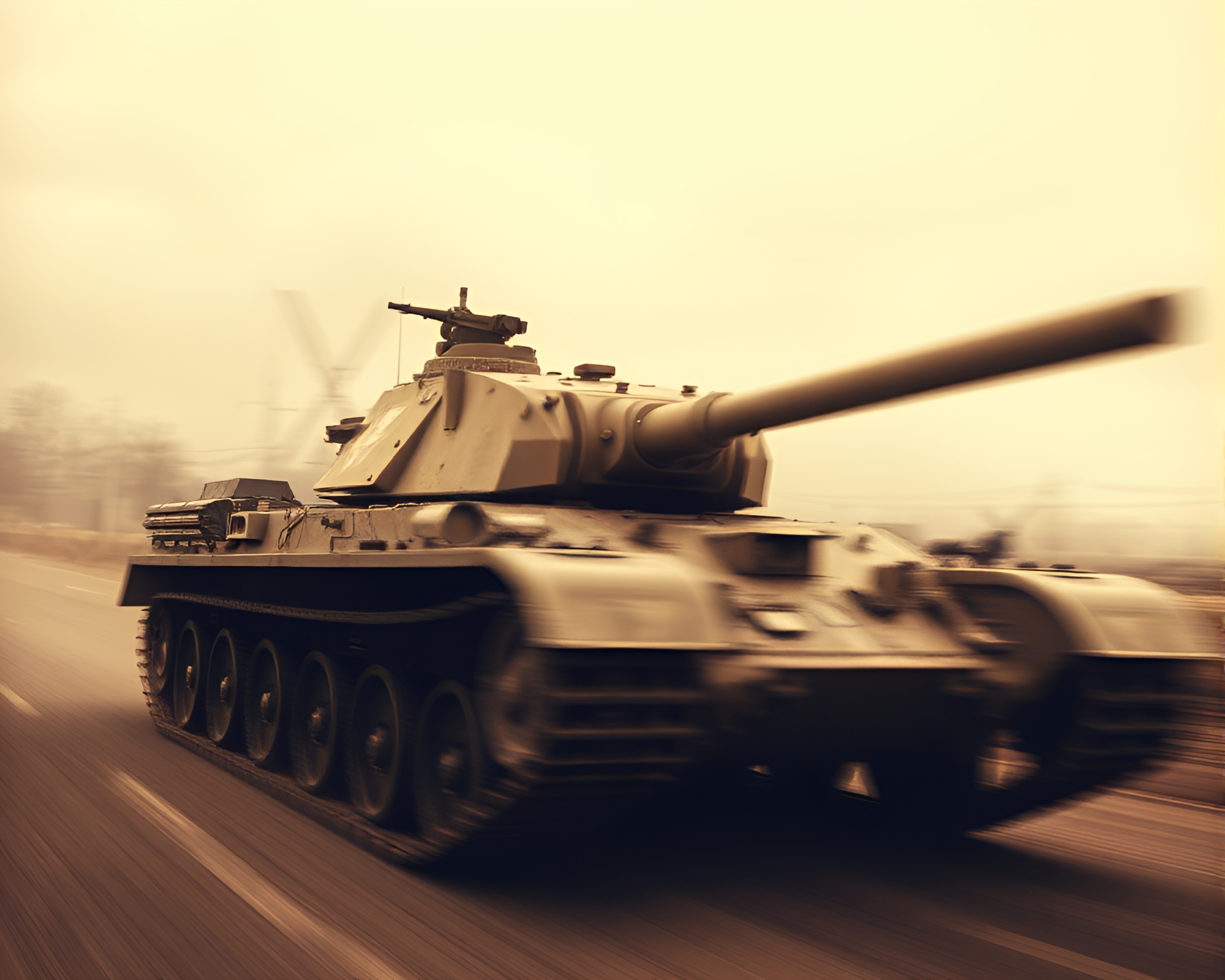 Armored Tank in Pan Motion Blur Sepia Scene – free AI stock image