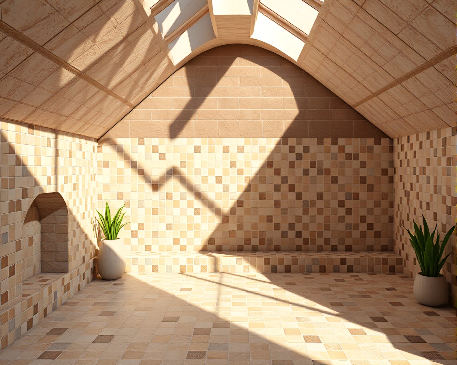 High-poly 3D render of tiled mosaic oasis with attic shadows