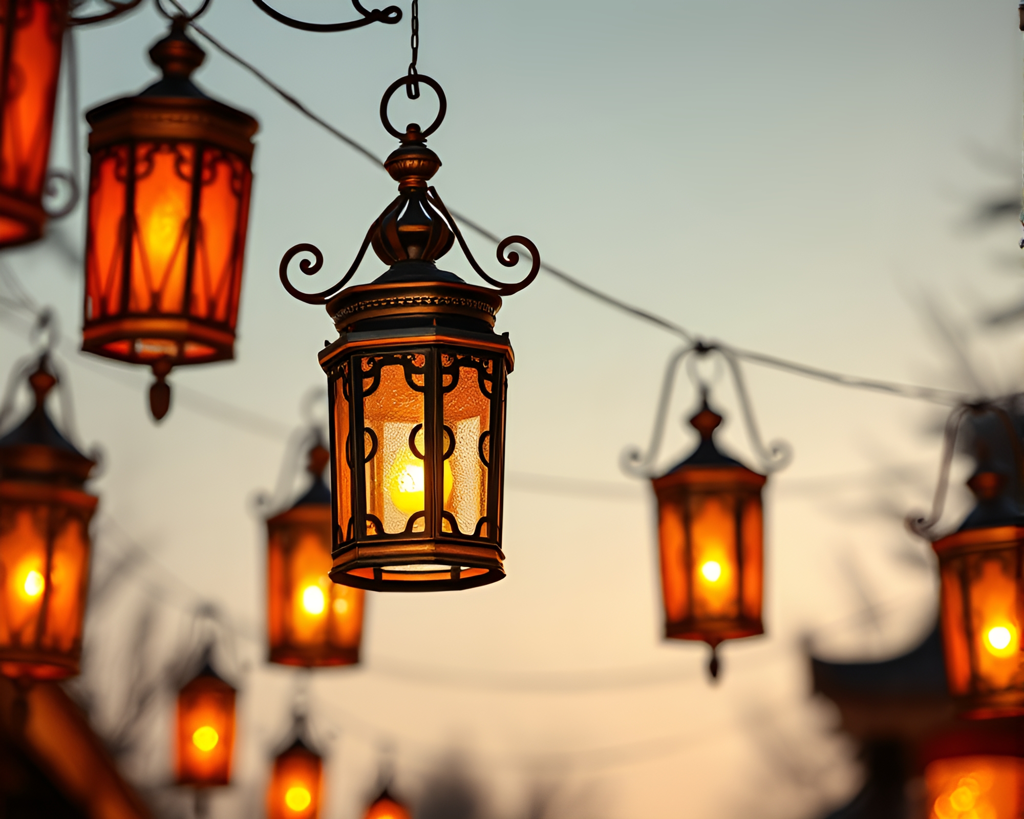 Bronze Patina Floating Lanterns with Retro Scanlines – free AI stock image