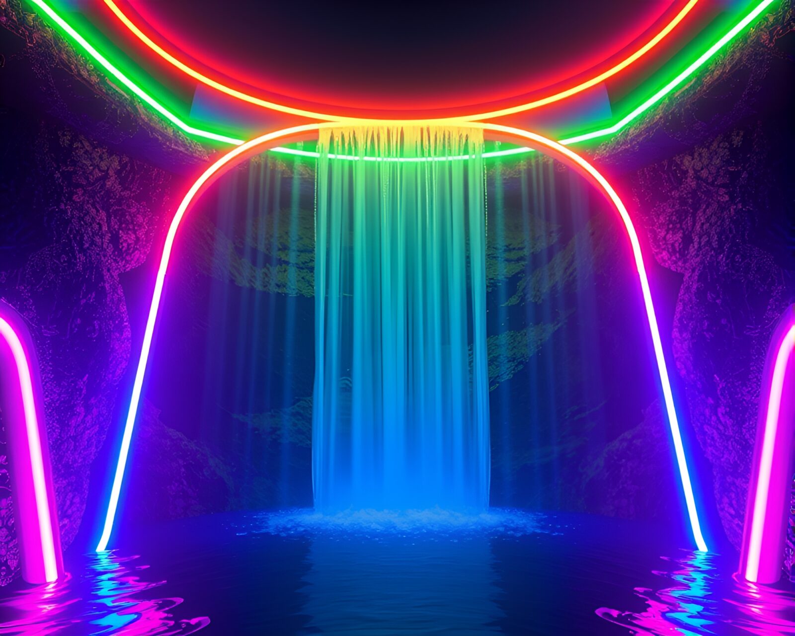 Colorful neon waterfall in vibrant mixed media style