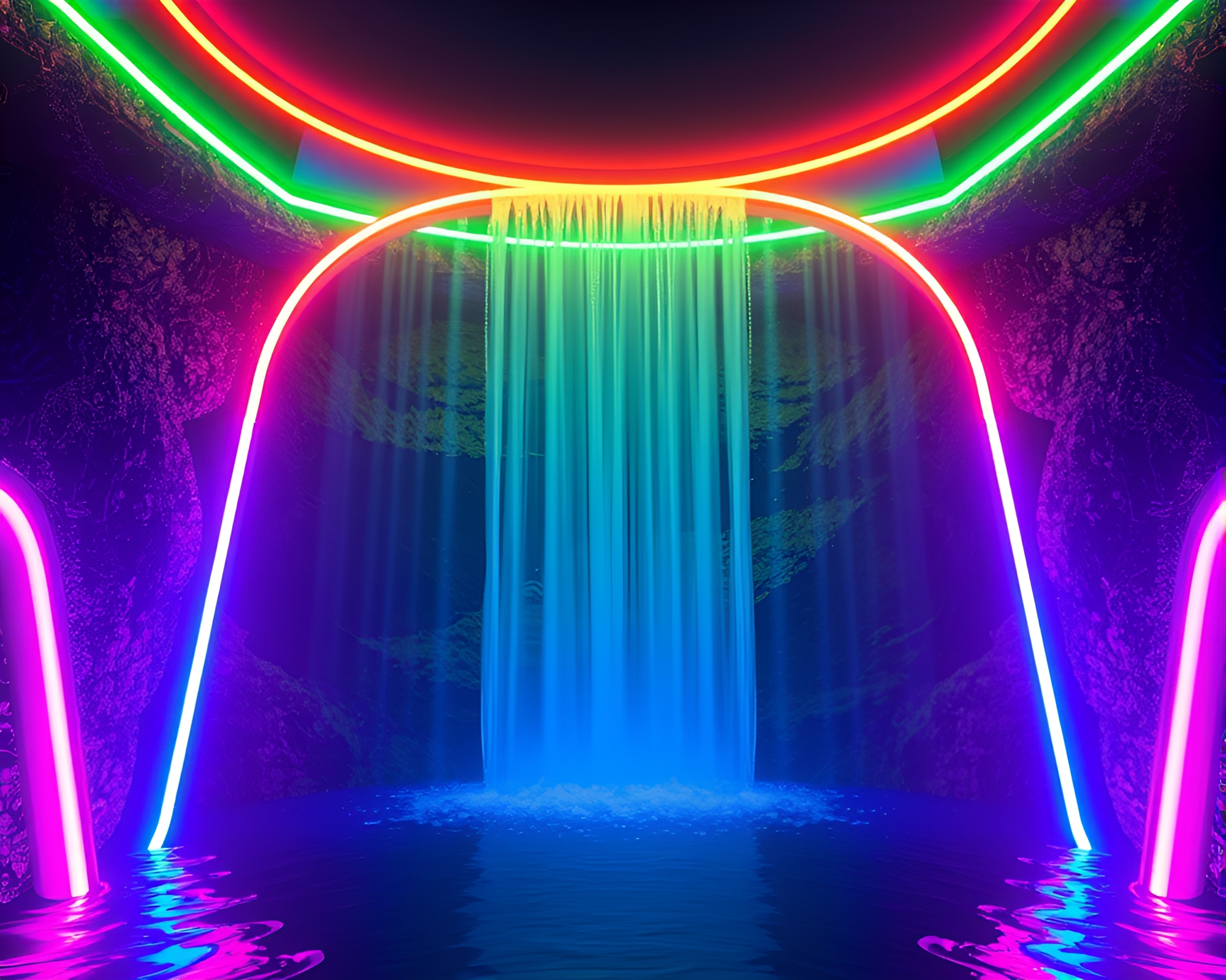 Neon Waterfall Glow in Mixed Media Art – free AI stock image