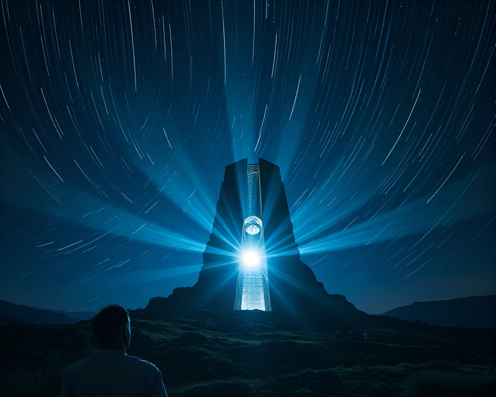 Ethereal monolith in shadowy starry landscape with lens flare