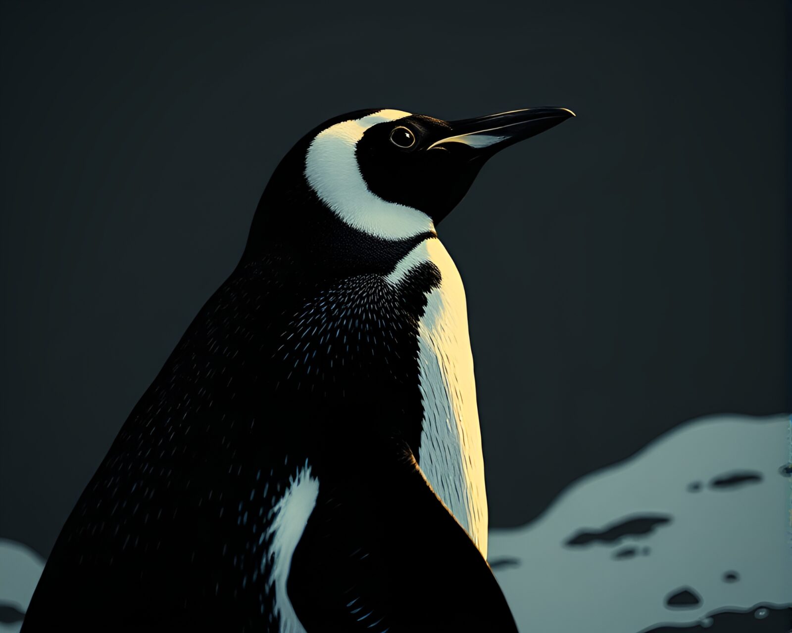 Surreal woodcut-style image of penguin in dim lighting