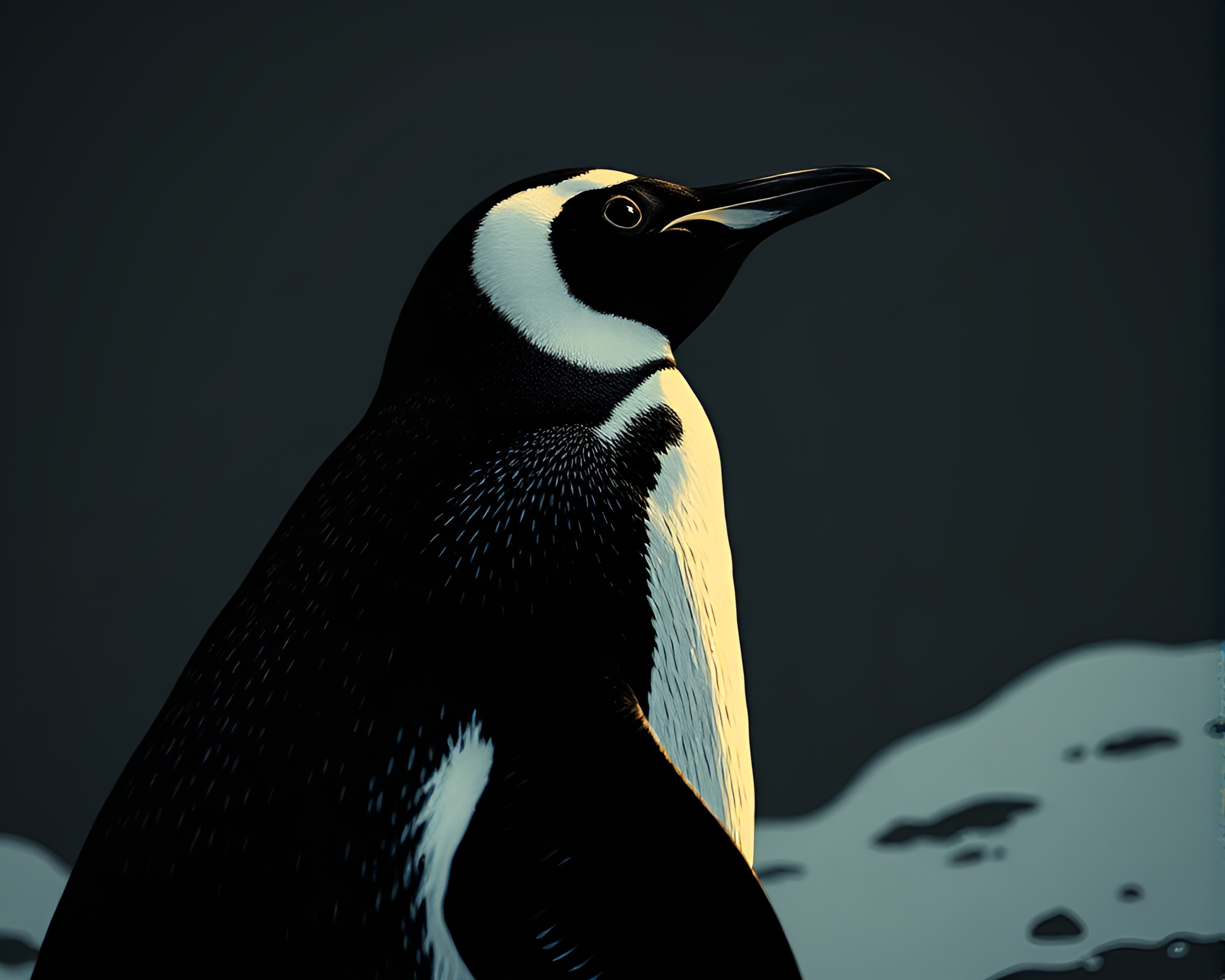 Wide-angle Woodcut Print of Penguin in Low-key Lighting – free AI stock image