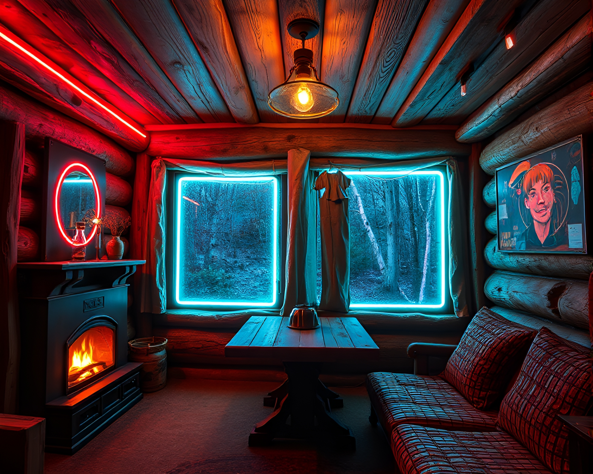 Rustic Neon Glow in Artistic Woodland Cabin Scene – free AI stock image
