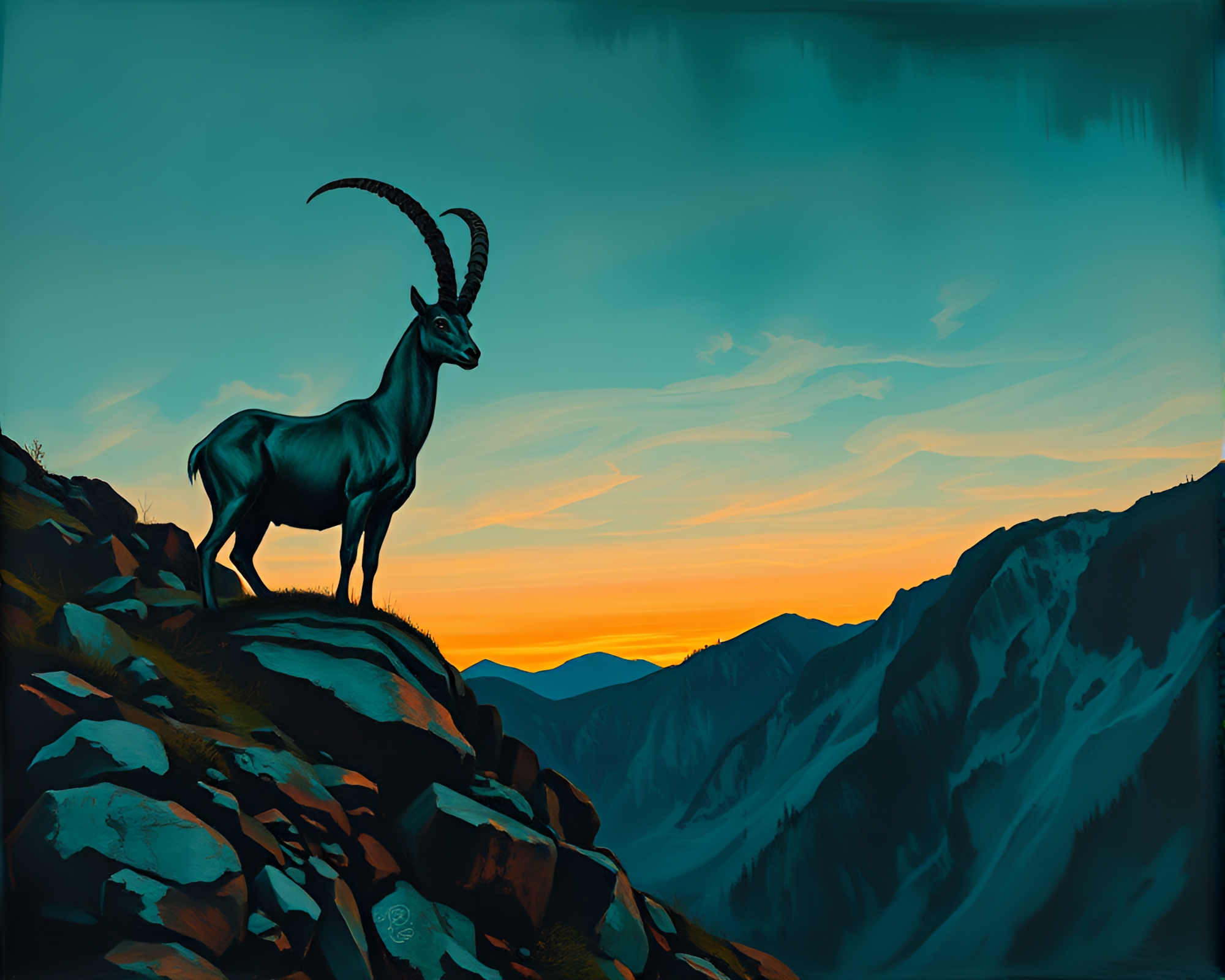 Copper Verdigirs Mountain Goat at Dusk Twilight – free AI stock image